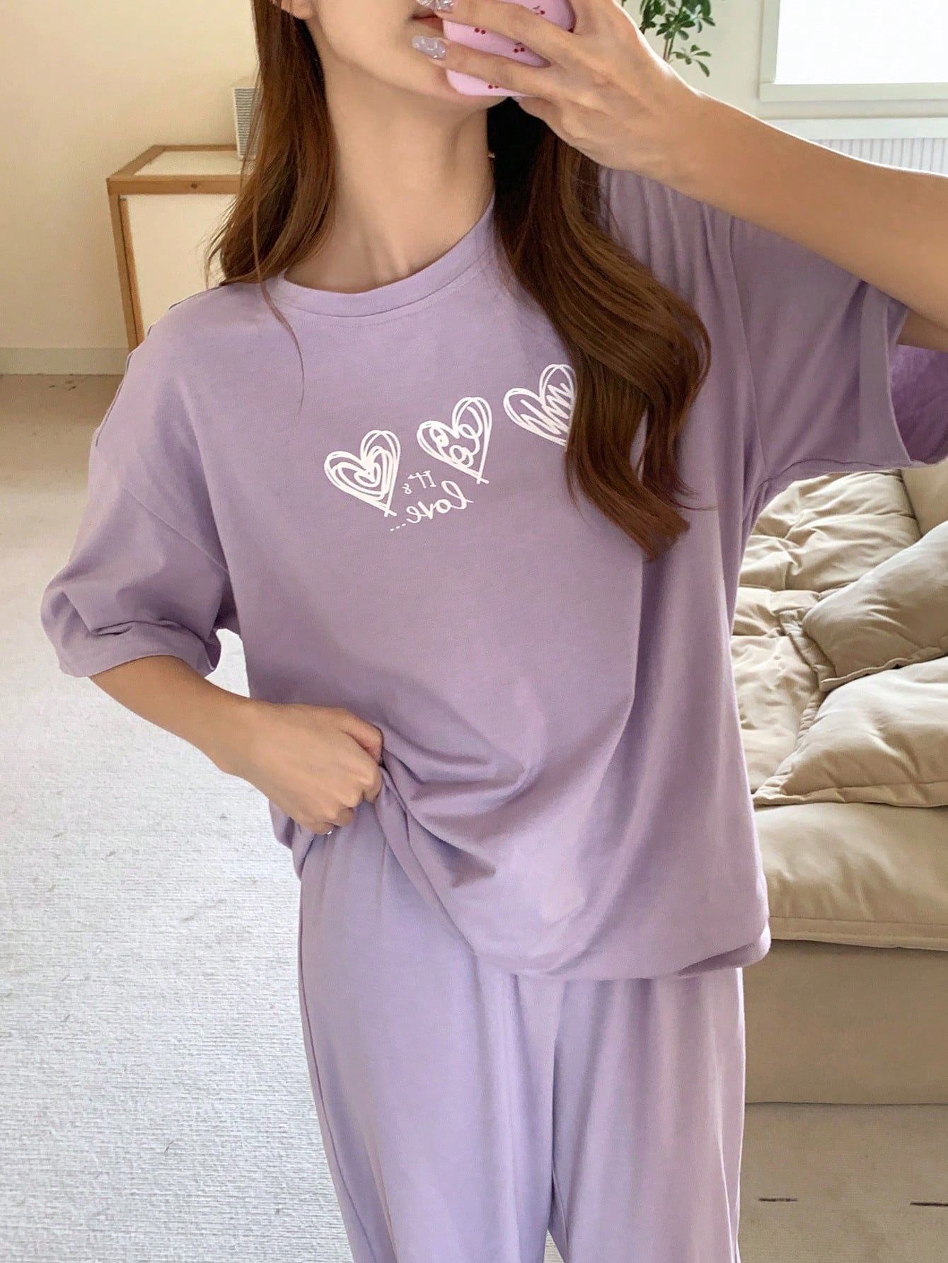 Heart Print Round Neck Short Sleeve Top And Long Pants Simple Loose Homewear Set