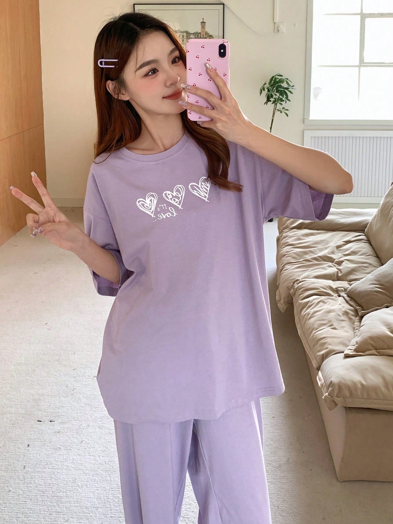 Heart Print Round Neck Short Sleeve Top And Long Pants Simple Loose Homewear Set