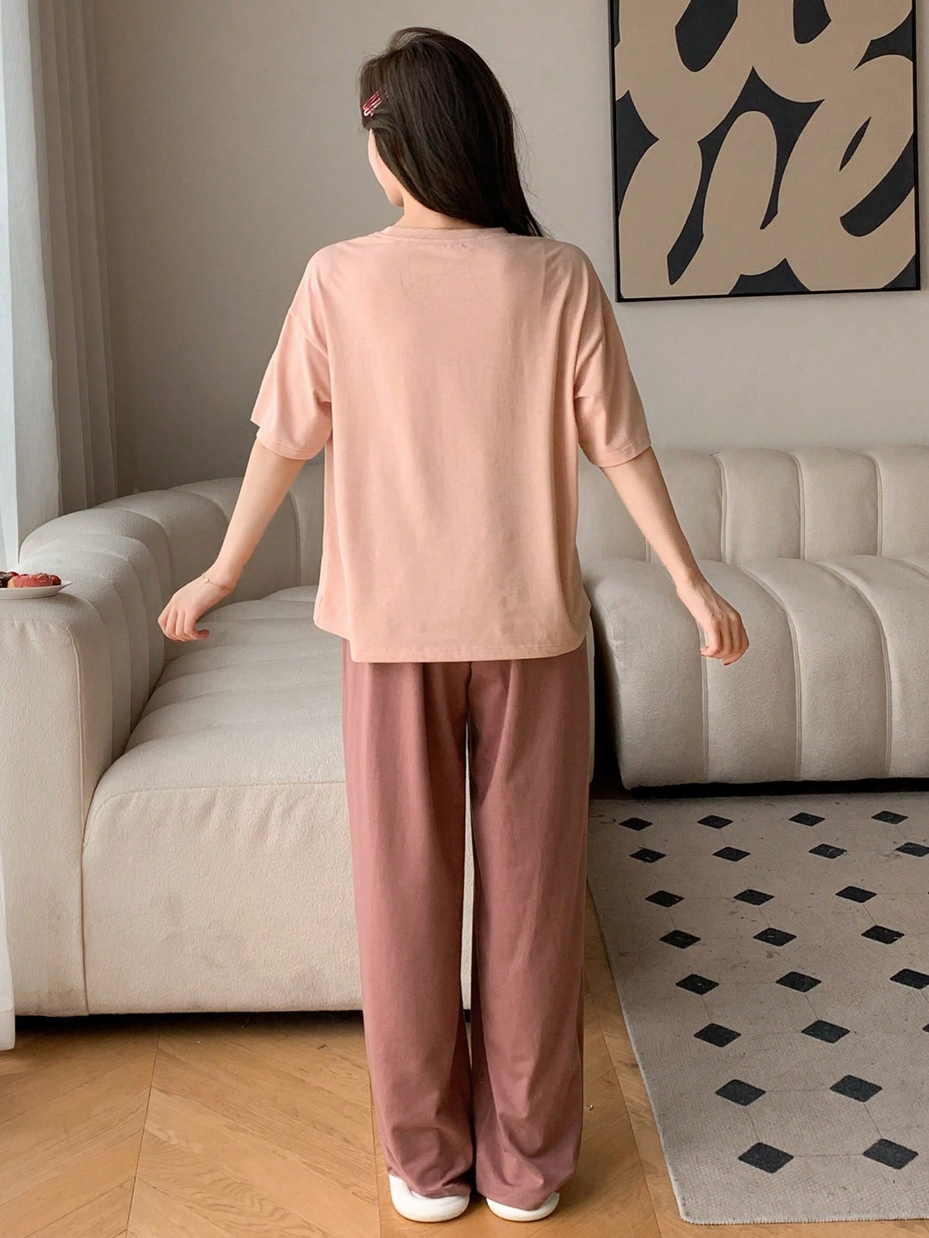 Solid Color Short Sleeve Top And Long Trousers Homewear Set, Simple Style