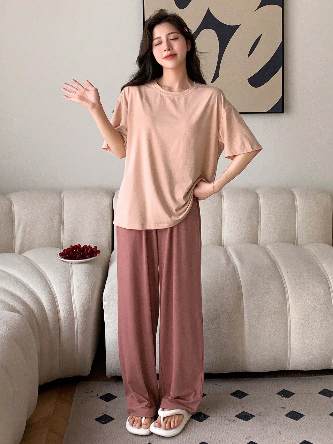 Solid Color Short Sleeve Top And Long Trousers Homewear Set, Simple Style