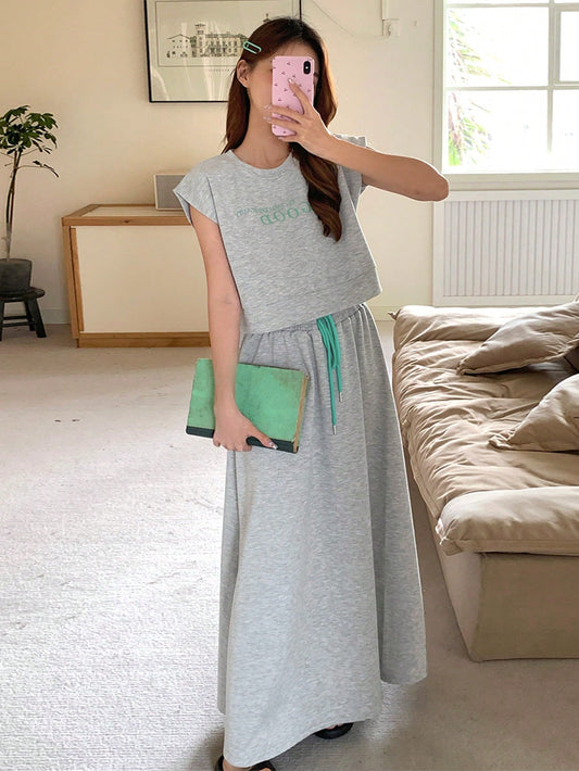 Sleeveless Simple Letter Print Top With Knee-Length Skirt Home Clothing Set
