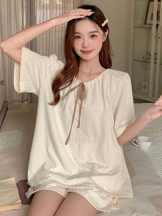 Jacquard Textured Fabric Collar Contrast Belted Puff Sleeve Round Neck Top And Shorts Homewear Set