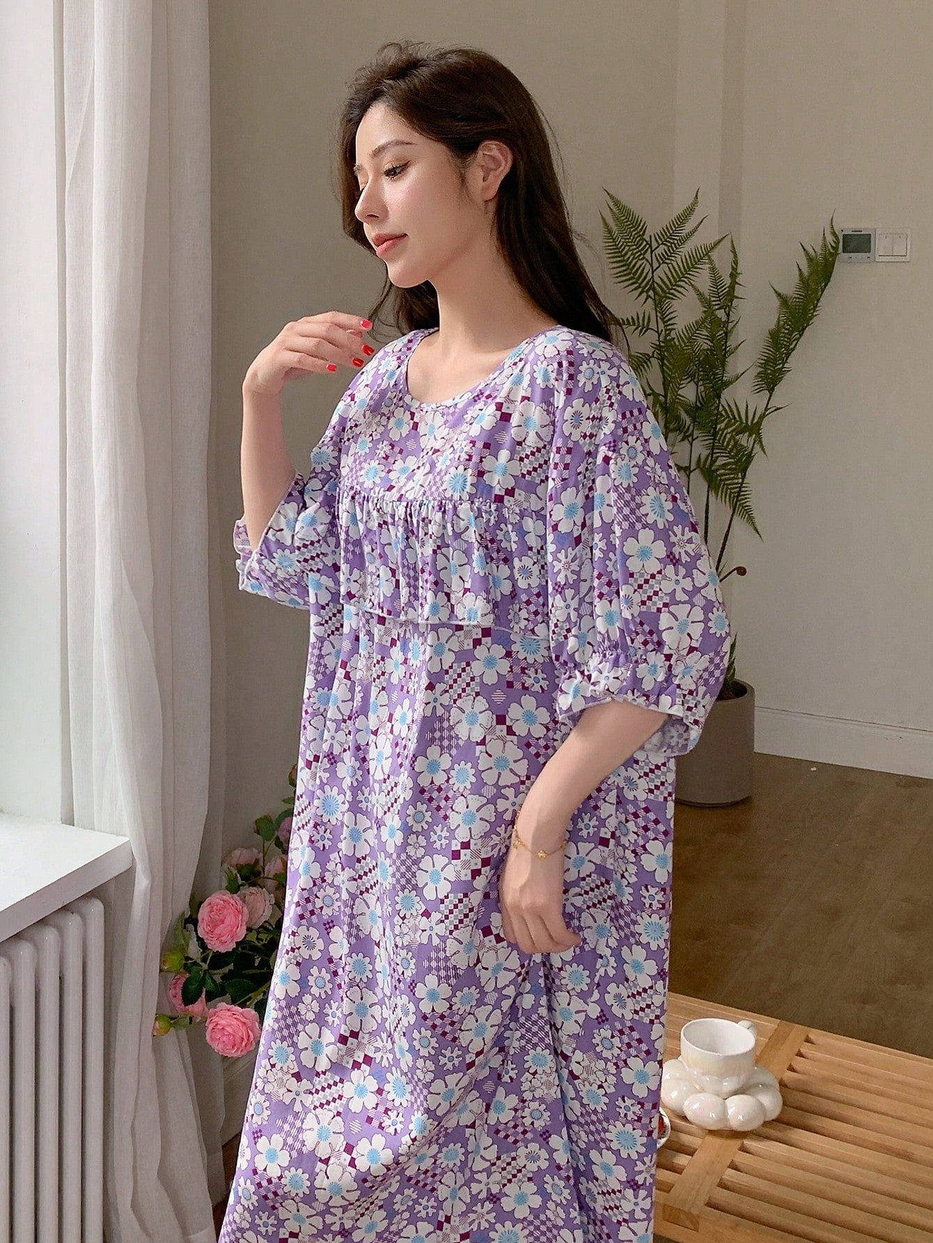 Floral Printed Loose Sleep Dress With Ruffled Hem Decoration For Summer