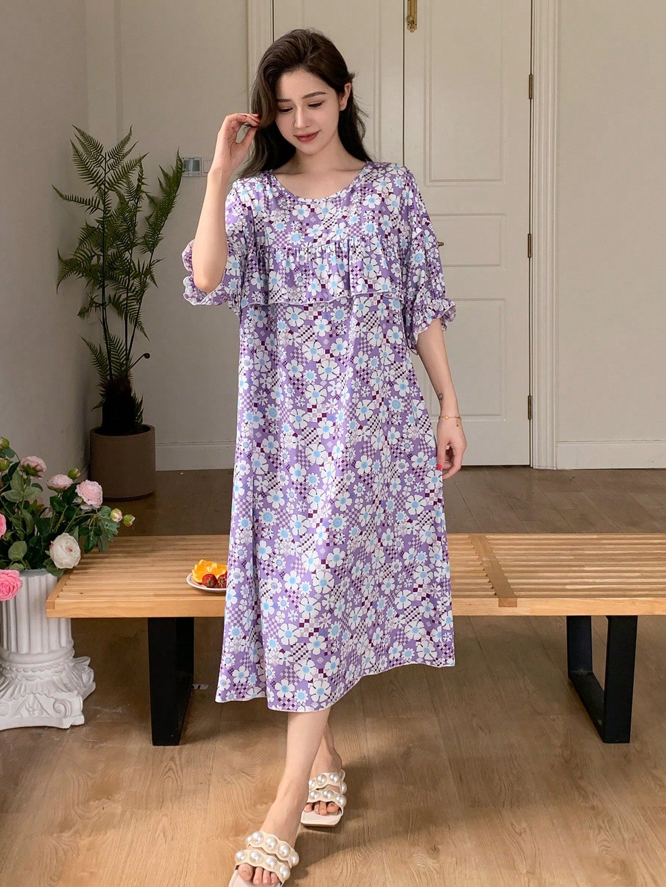 Floral Printed Loose Sleep Dress With Ruffled Hem Decoration For Summer