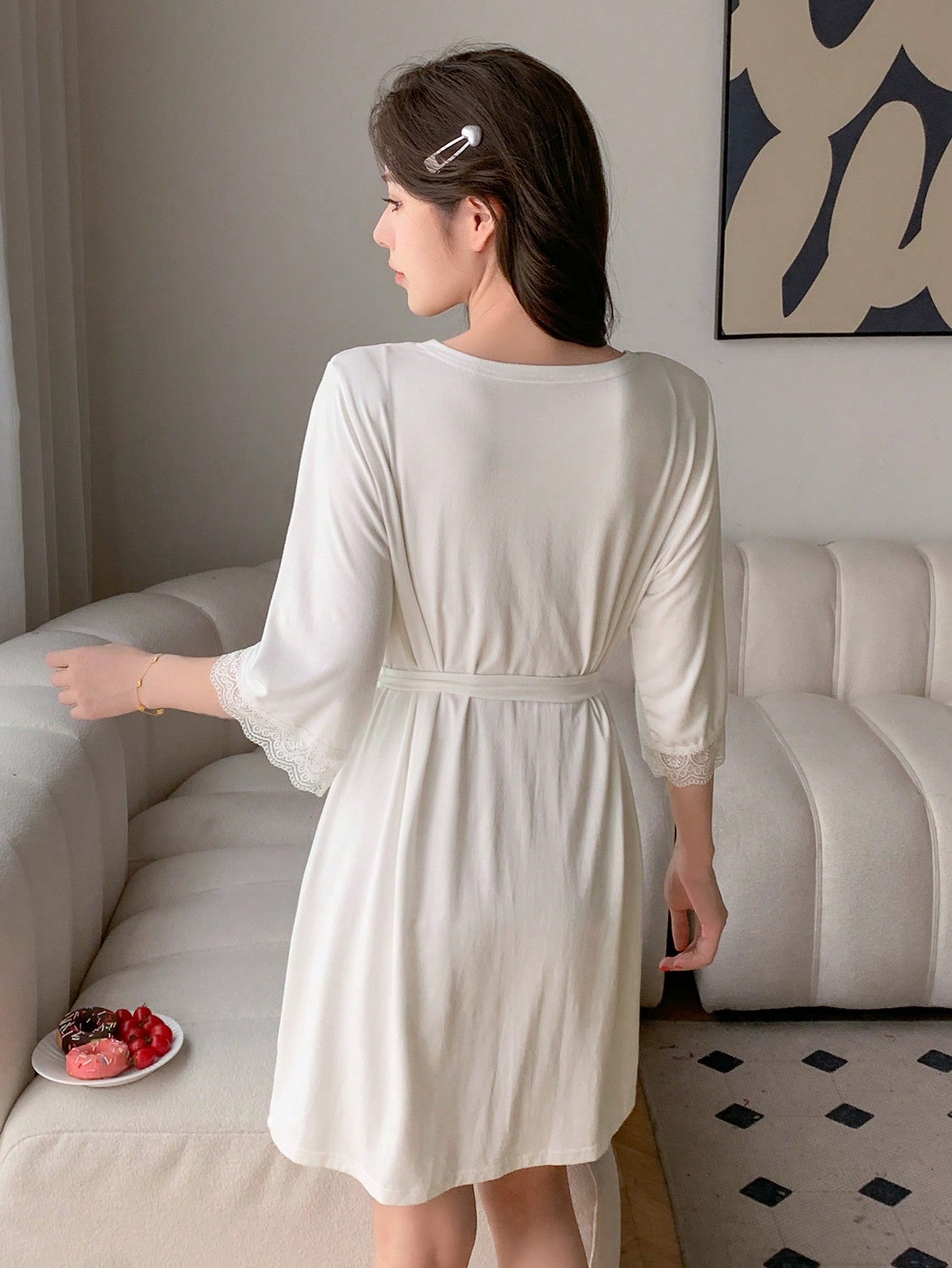 Simple Belted Home Dress With Lace Decoration And 3/4 Sleeves