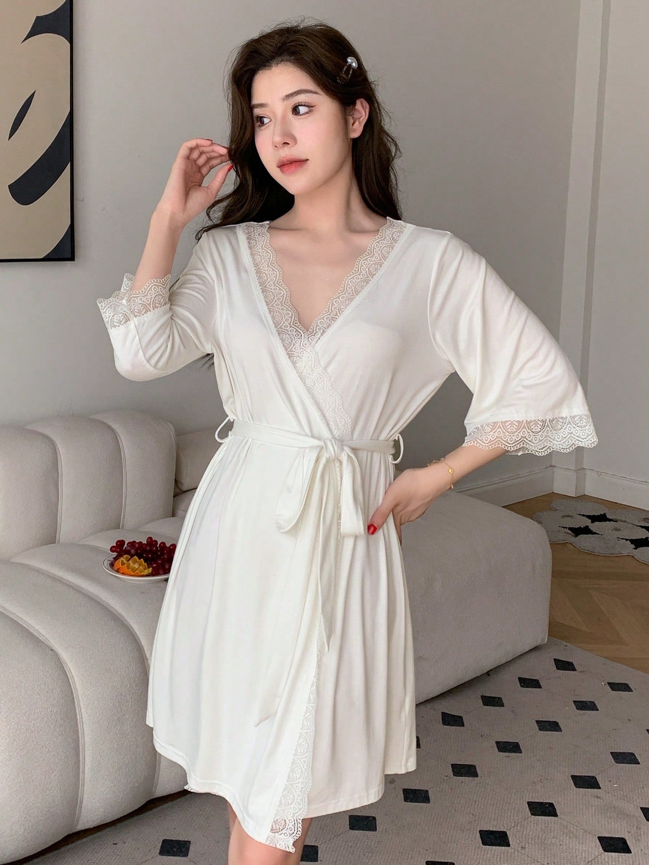 Simple Belted Home Dress With Lace Decoration And 3/4 Sleeves