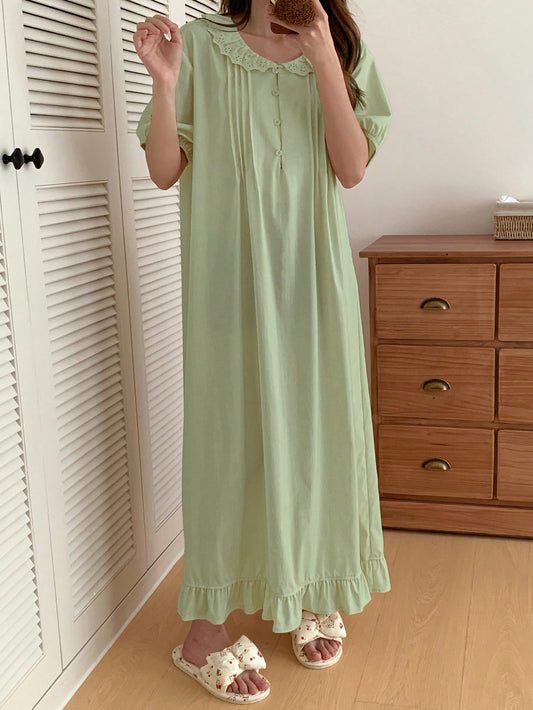 Lace Collar Bubble Sleeve Ruffle Hem Homewear Dress For Women, Summer