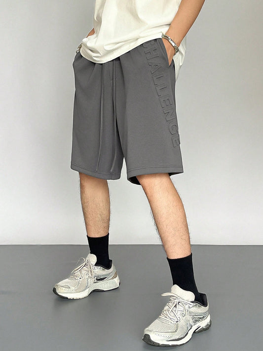 Men Summer Solid Color Drawstring Shorts With Letter Print