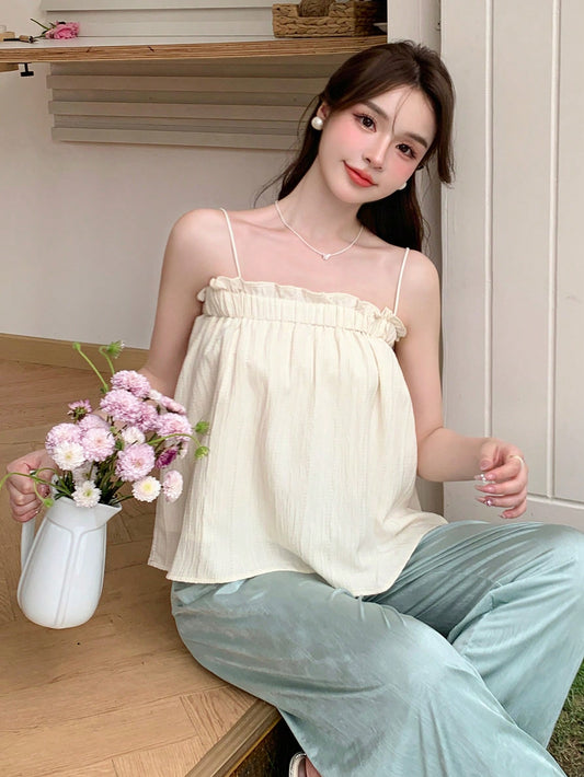Women Solid Color Summer Frill Trim Vacation Cami Top
