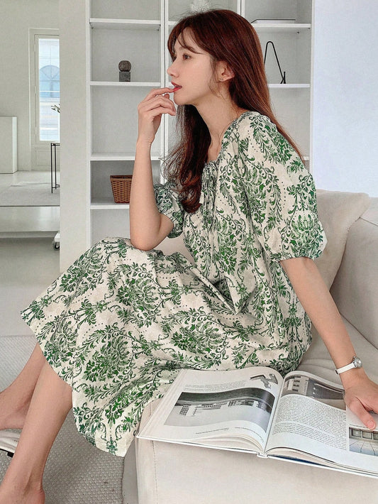 Women Fashionable Round Neck Printed Bubble Sleeve Loose Dress