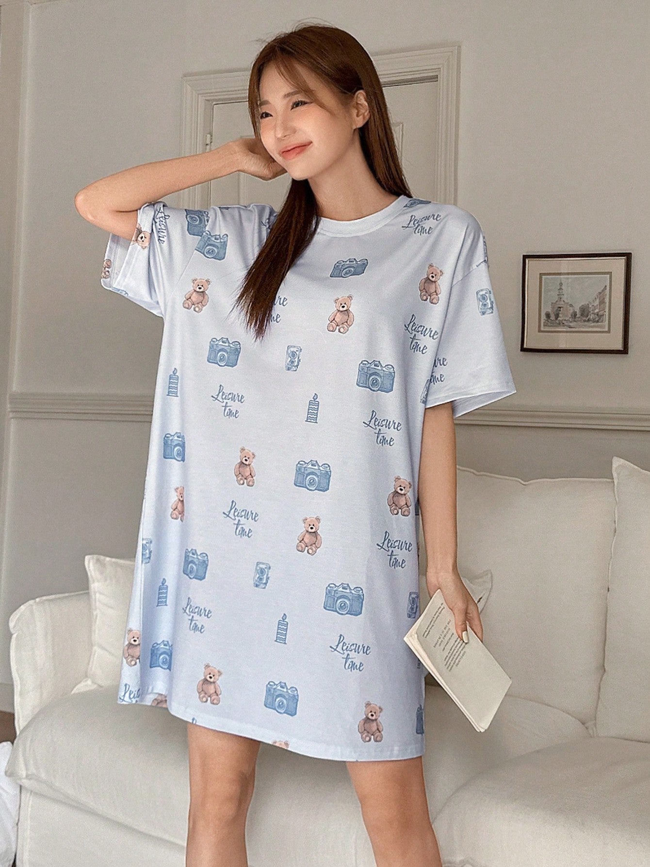 Loose Sleeping Dress With Simple Bear Print