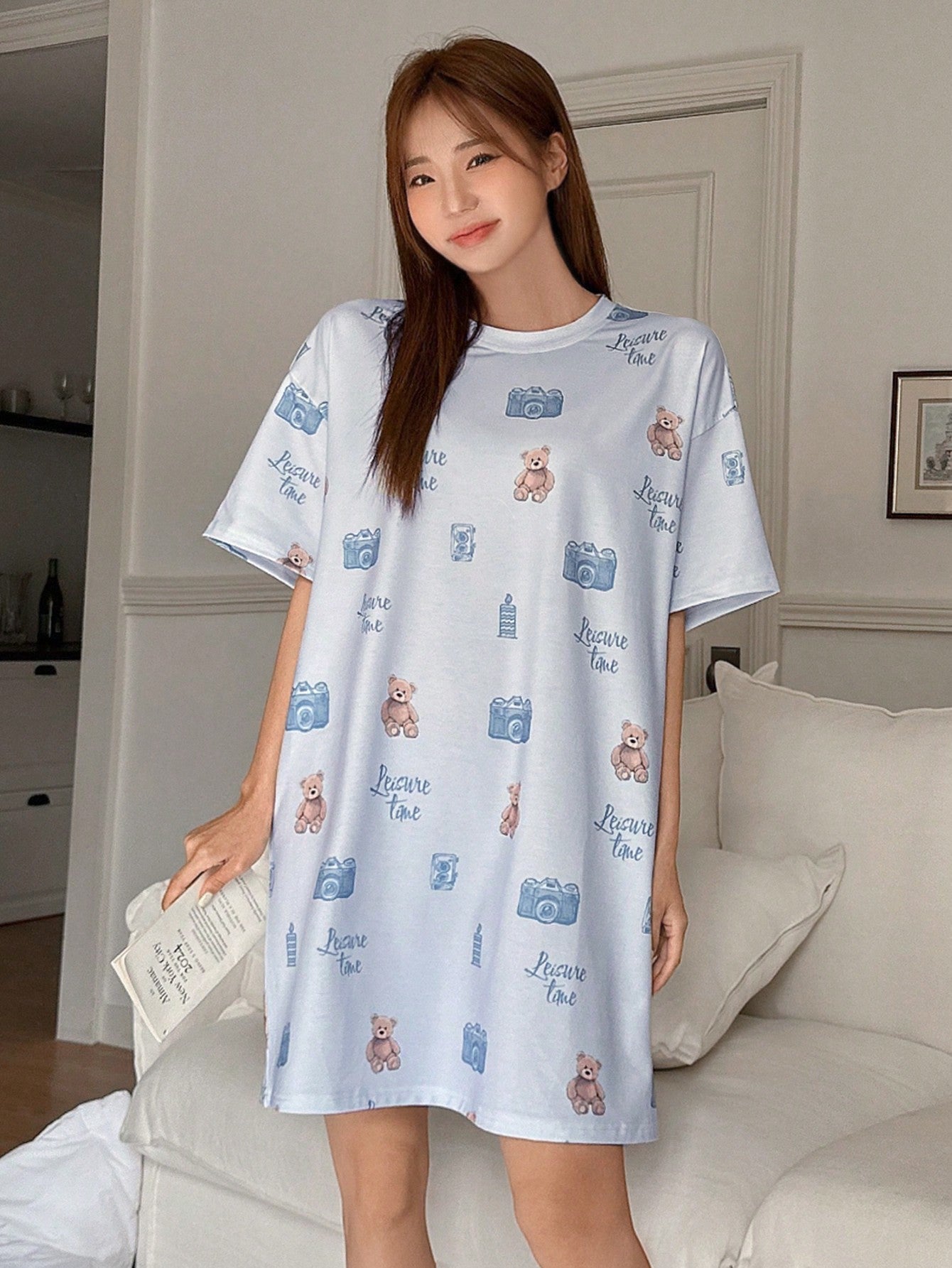 Loose Sleeping Dress With Simple Bear Print