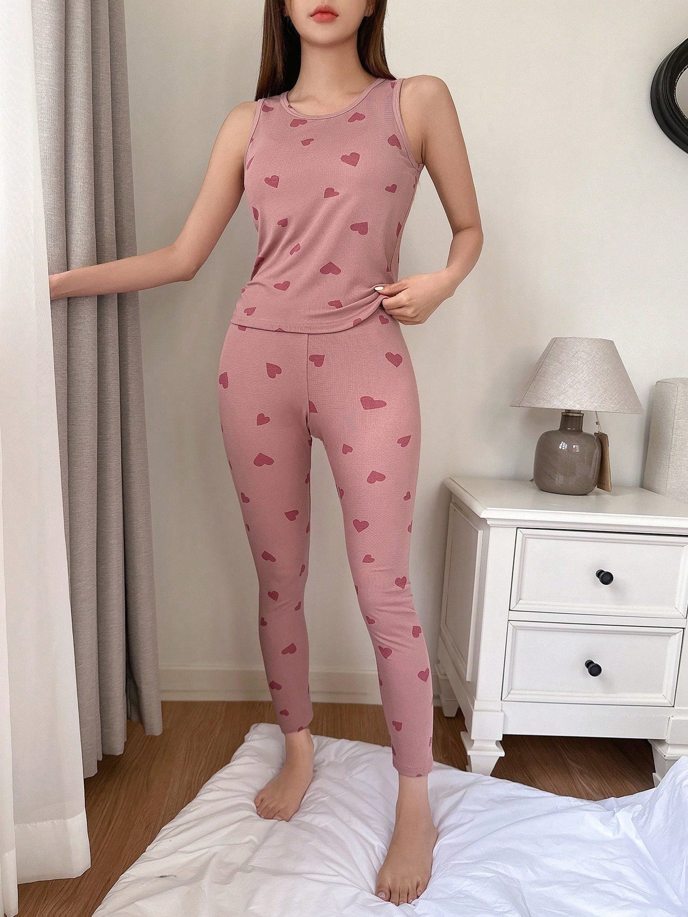 Heart Print Slim Fit Tank Top & Pants Pajama Set