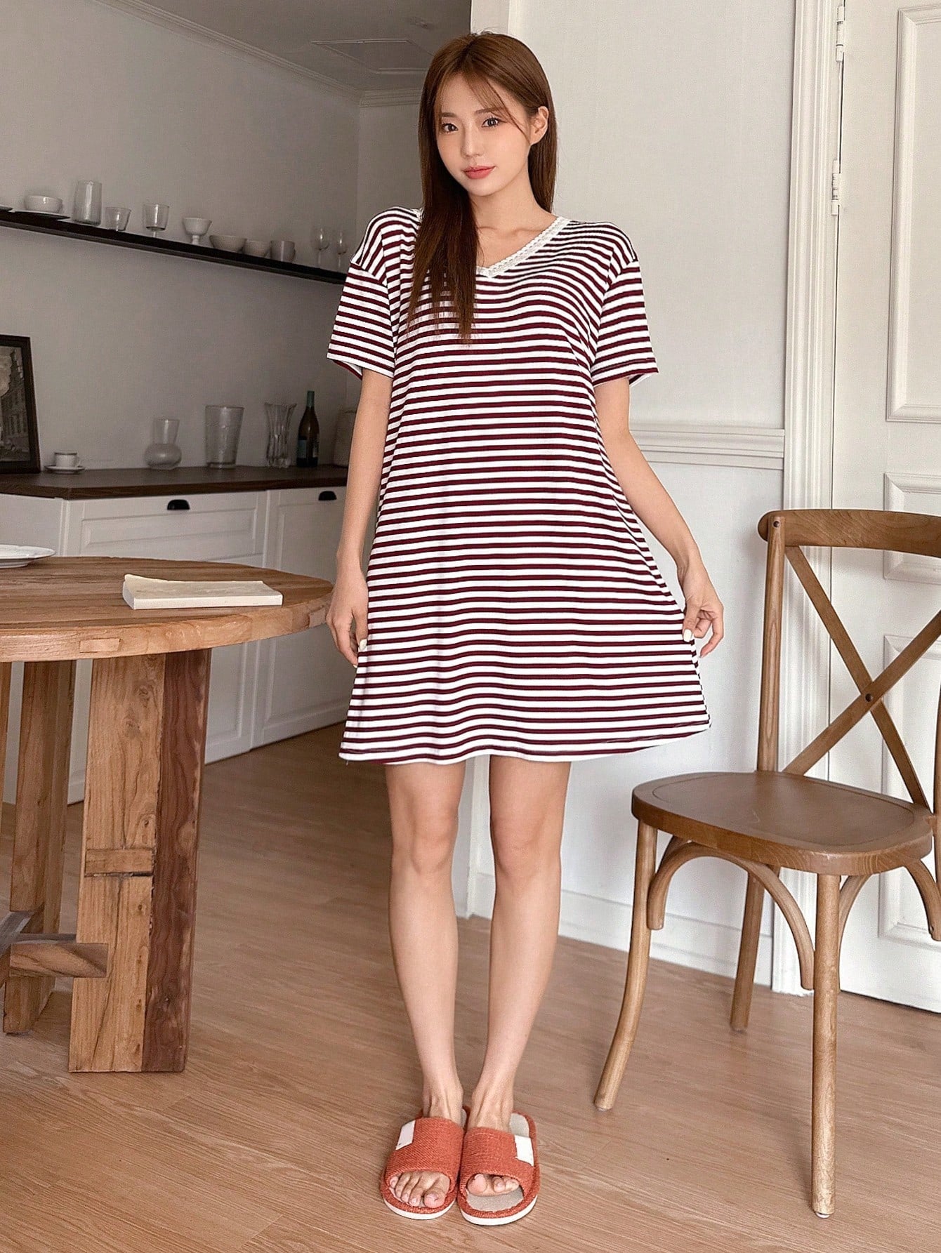 Women Casual Striped V-Neck Lace Trimmed Nightgown Dress