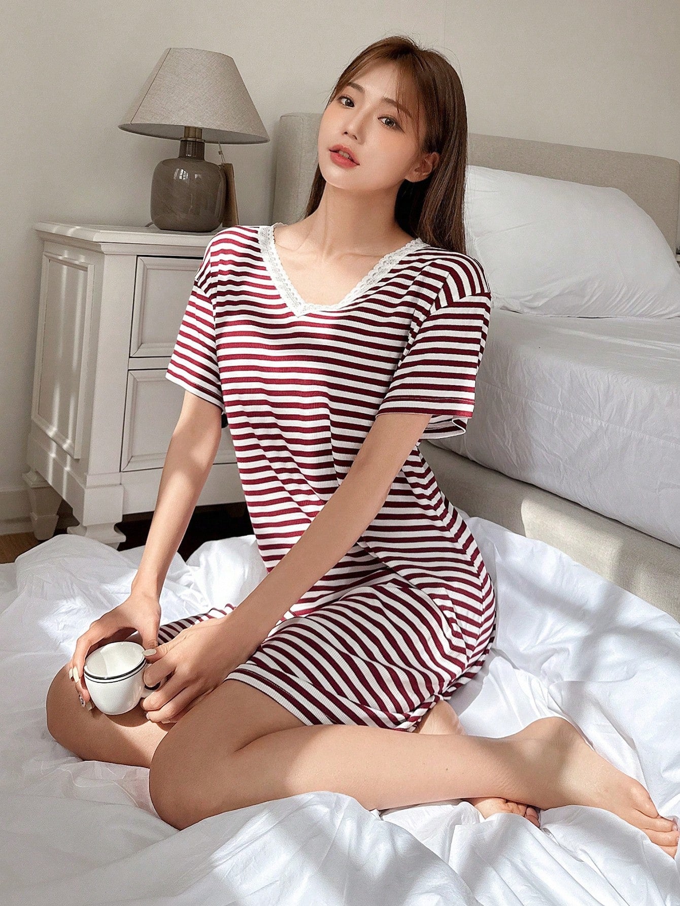 Women Casual Striped V-Neck Lace Trimmed Nightgown Dress