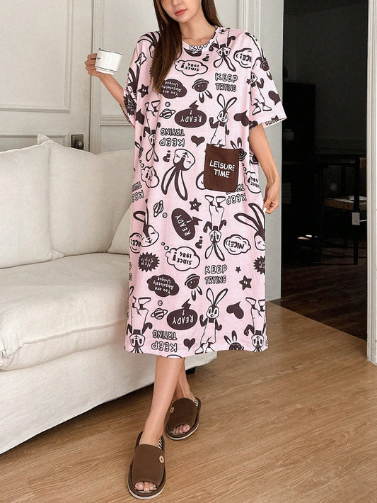 Cute Cartoon Rabbit Pattern Full Printed Loose Sleep Dress With Color Block & Letter Print Pocket