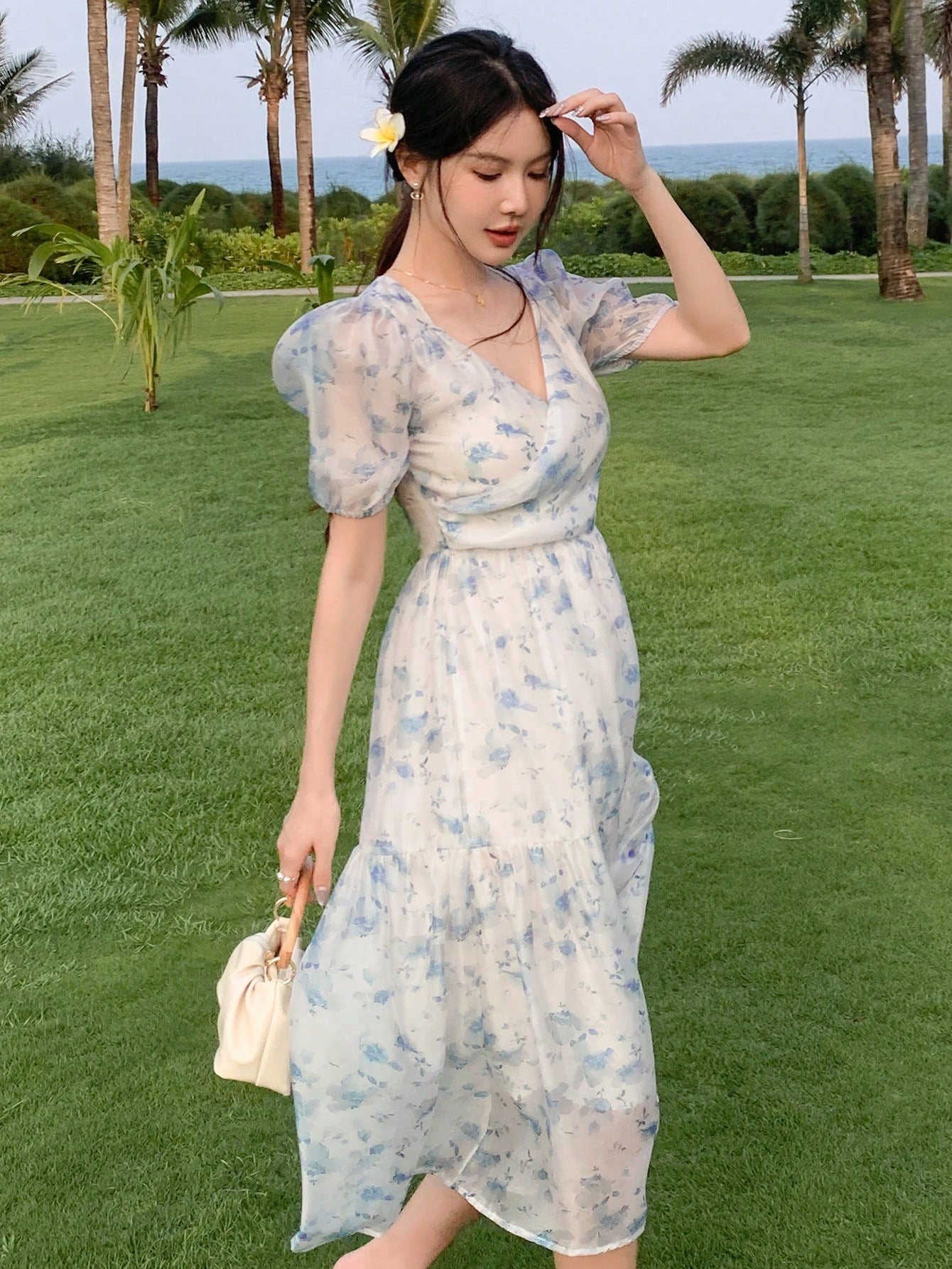 Women V-Neck Chiffon Floral Printed Short Sleeve Dress