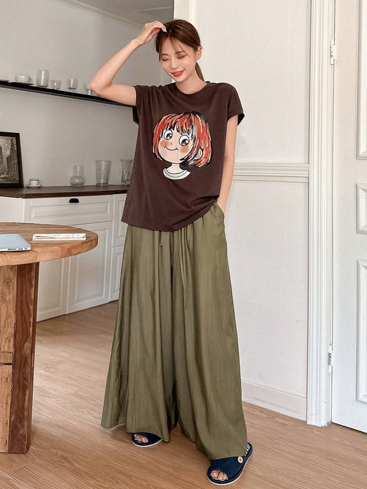 Cute Cartoon Printed Loose Round Neck Homewear Set For Girls