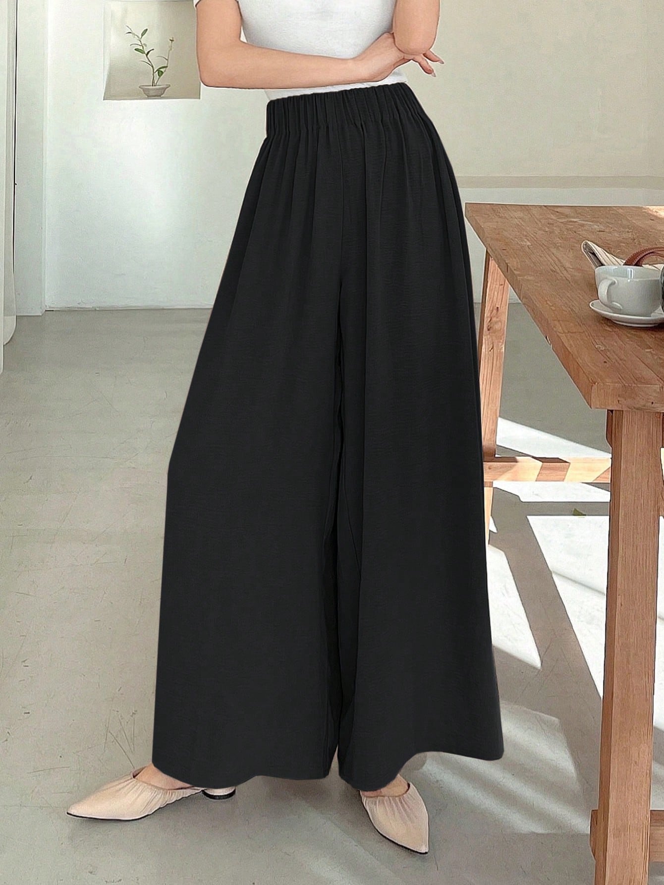 Ladies Relaxed Wide Leg Pants With Textured Elastic Waistband, Long Length