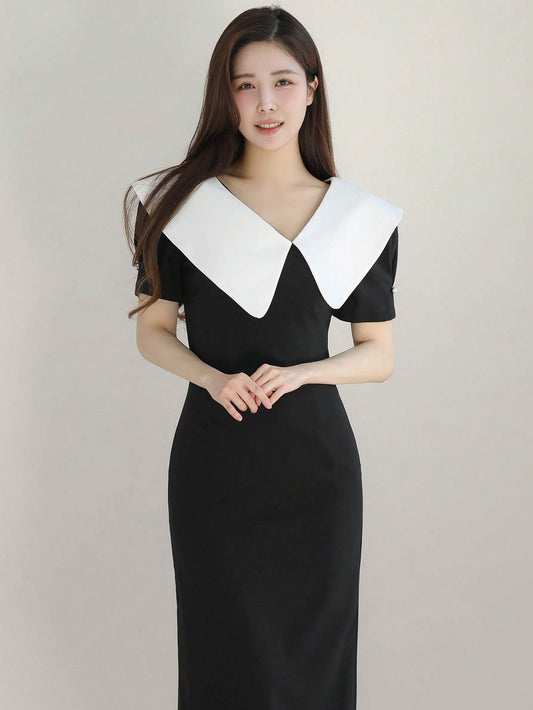 Women Elegant Contrast Color Dress With Large Lapel And Cinching Waisted For SpringSummer