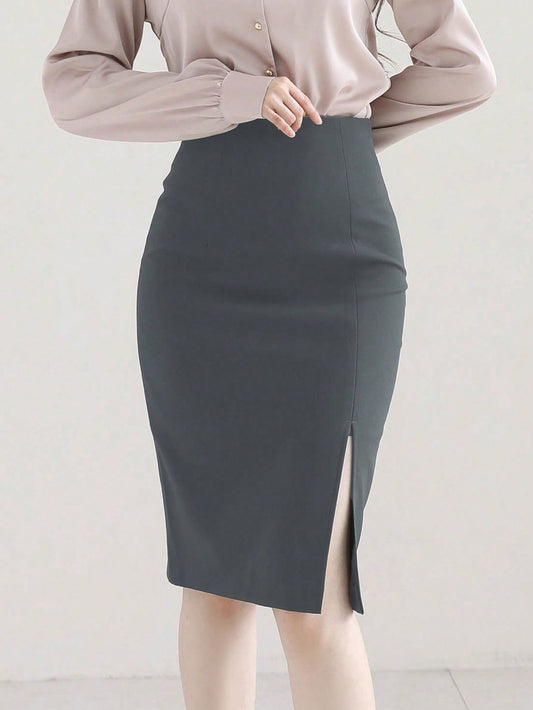 Women Solid Color Elegant Side Split Skirt