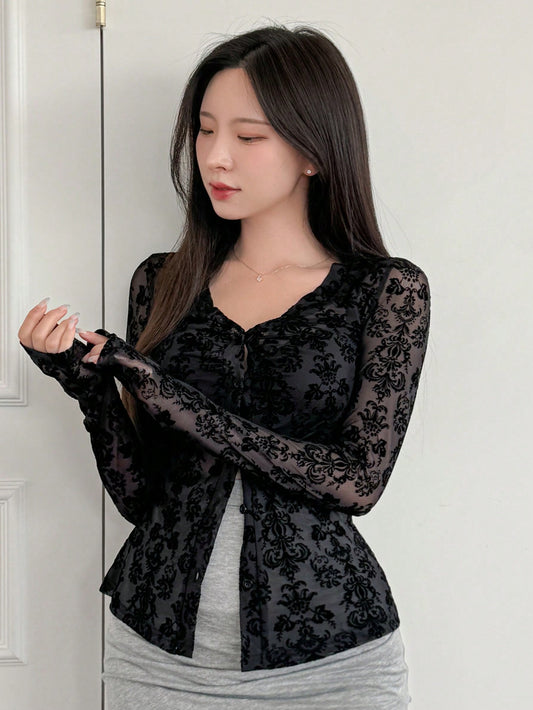Women's Elegant Printed Semi-Sheer Sleeve Top