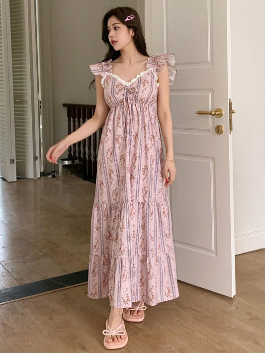 Women Romantic Floral Striped Dress With Ruffled Hem And Tie Waist