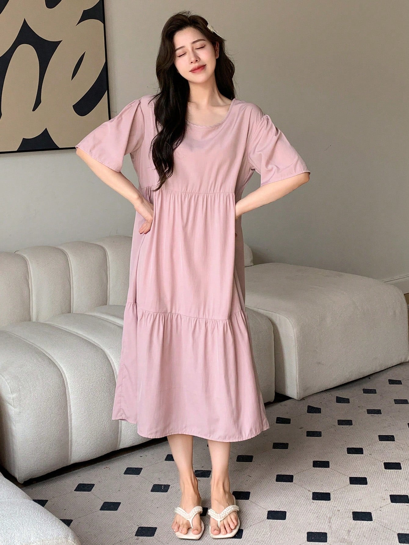 Loose-Fitting Pleated Cake Dress For Home And Casual Wear