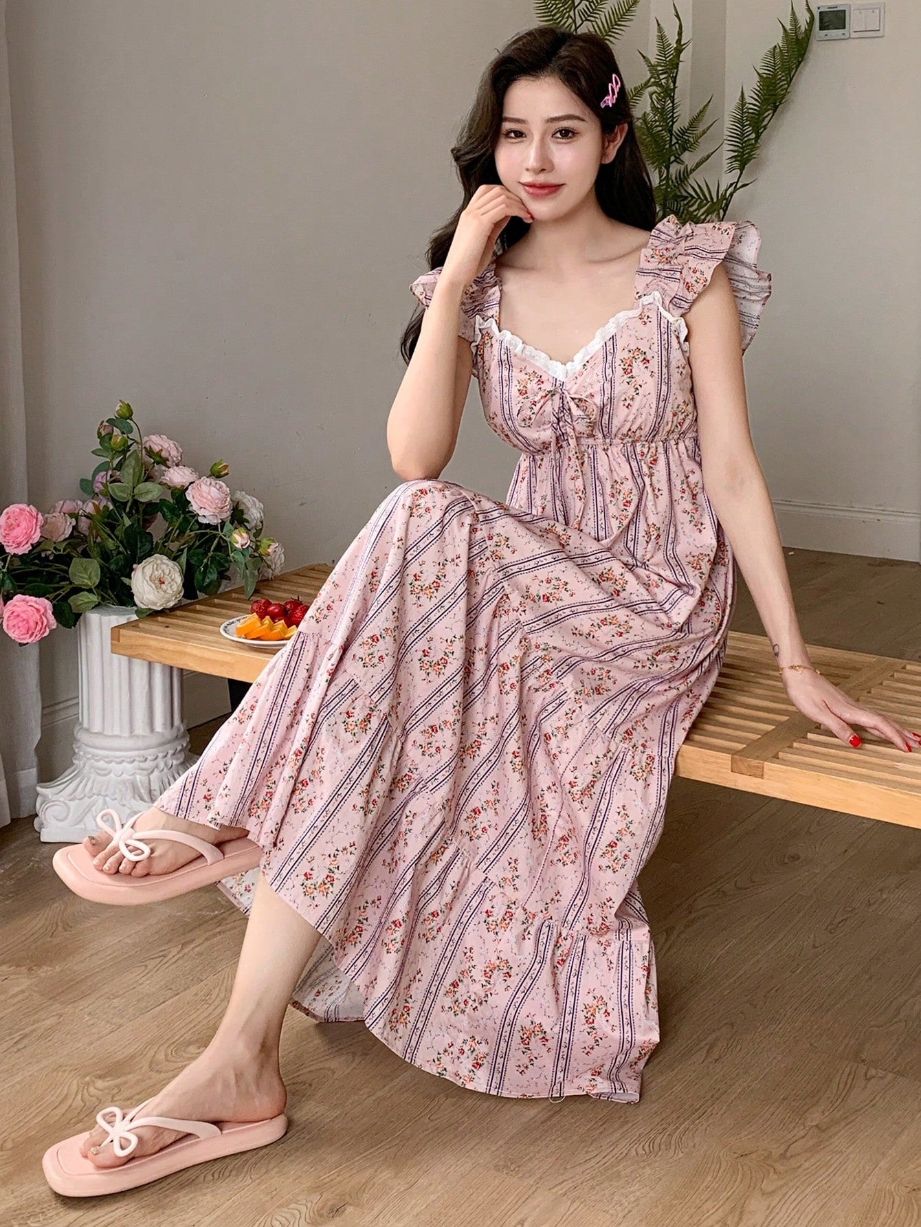 Women Romantic Floral Striped Dress With Ruffled Hem And Tie Waist