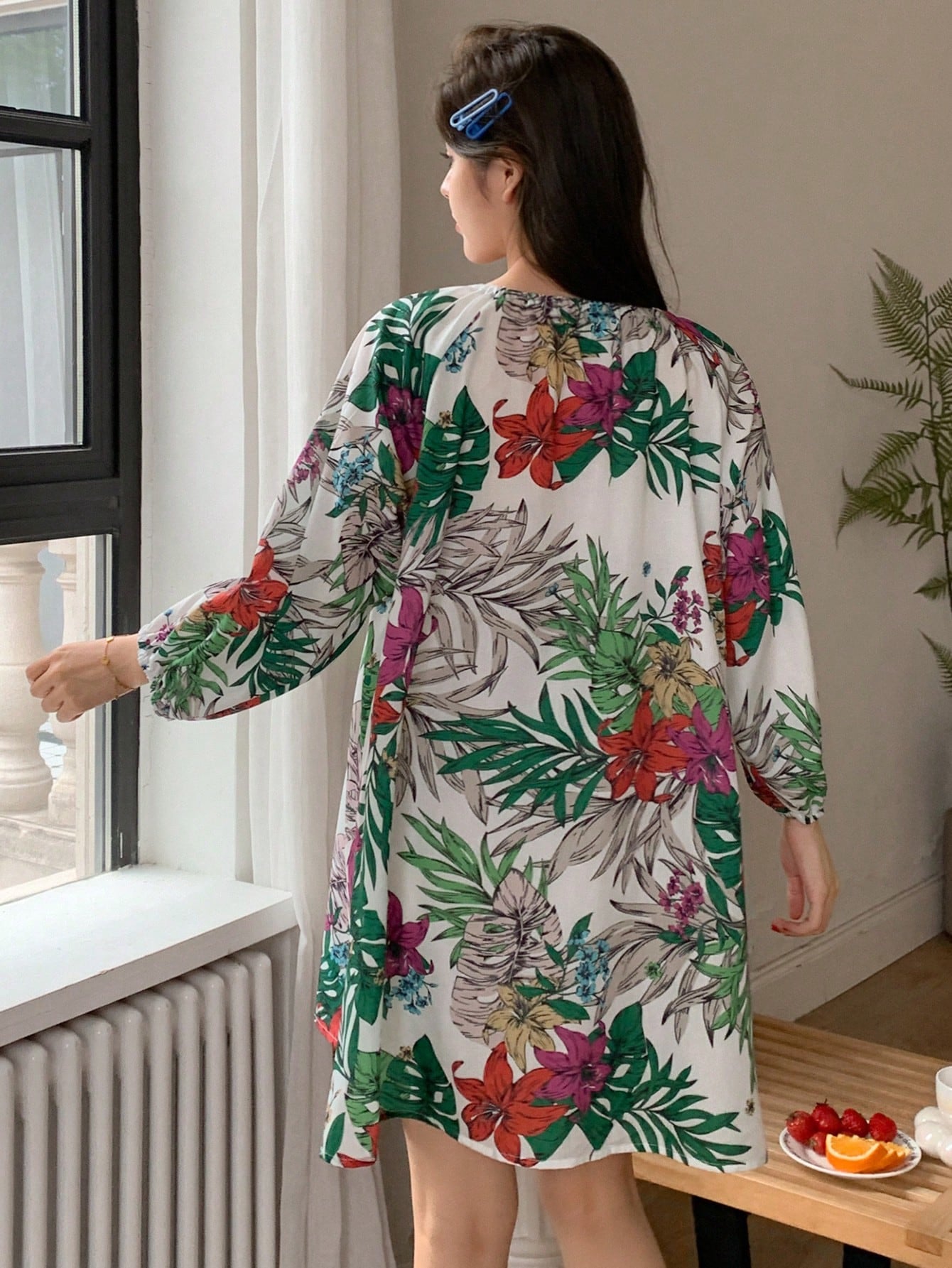 Vacation Style Plant Pattern Loose Printed Sleep Dress