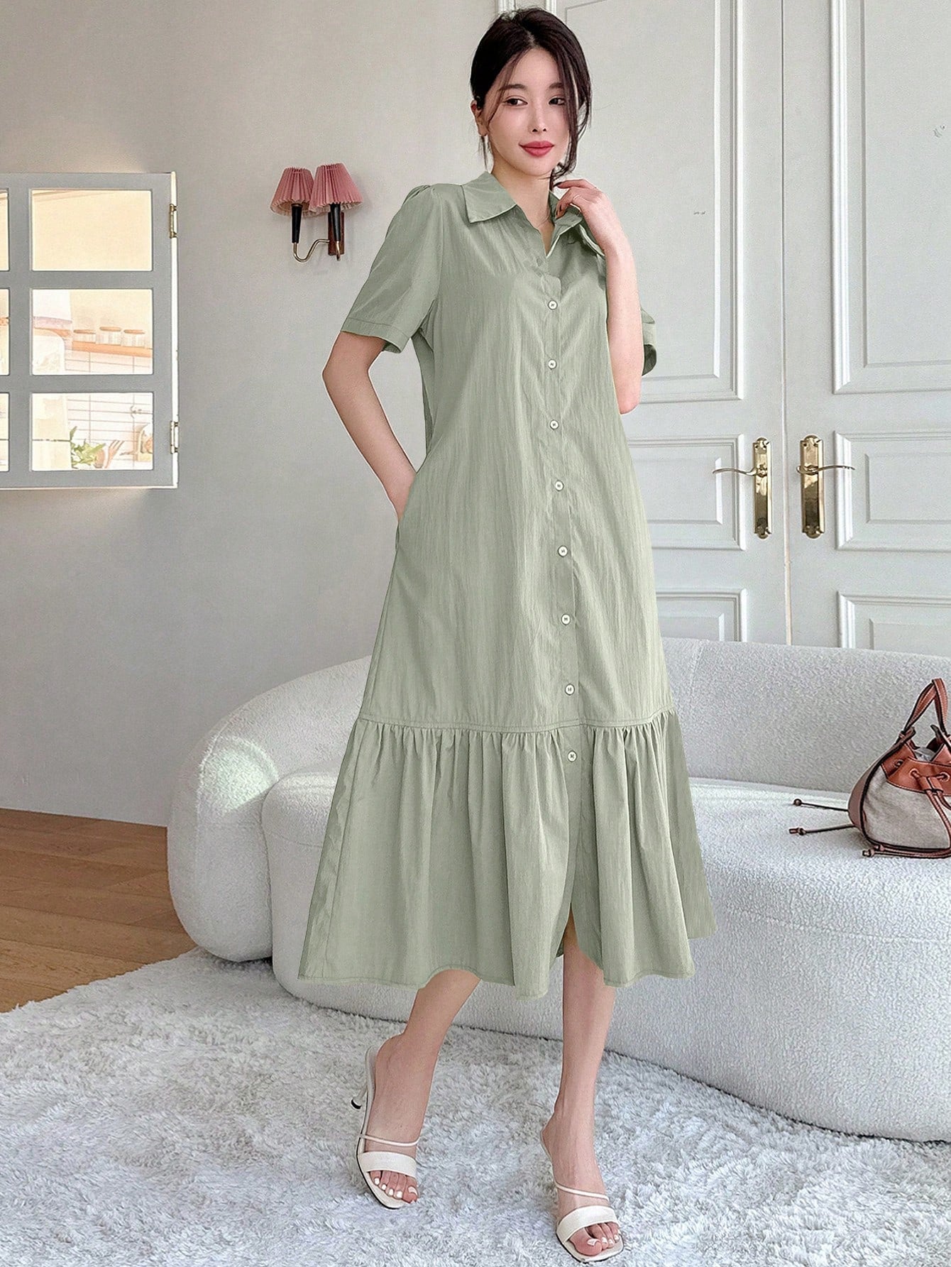 Loose Fit Bubble Sleeve Knee-Length Dress With Stand Collar, Button Front And Fish Tail Hem