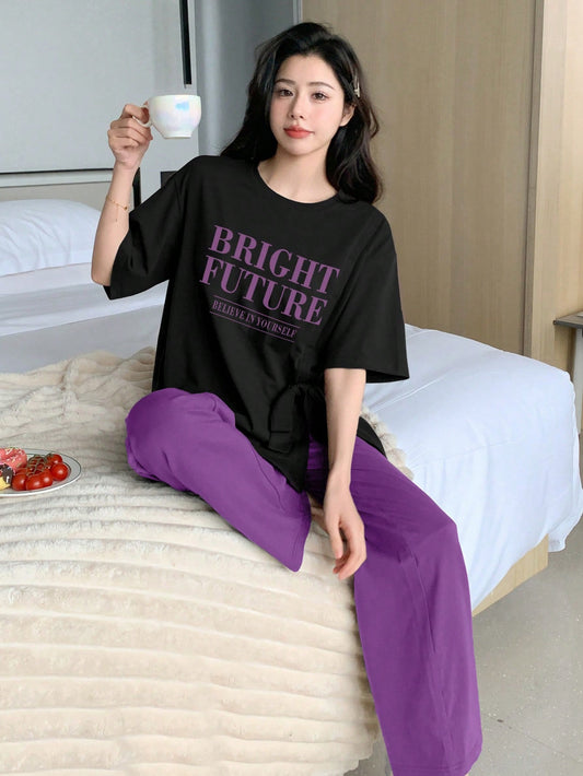 Casual Letter Printed Short Sleeve And Long Pant Home Wear Set
