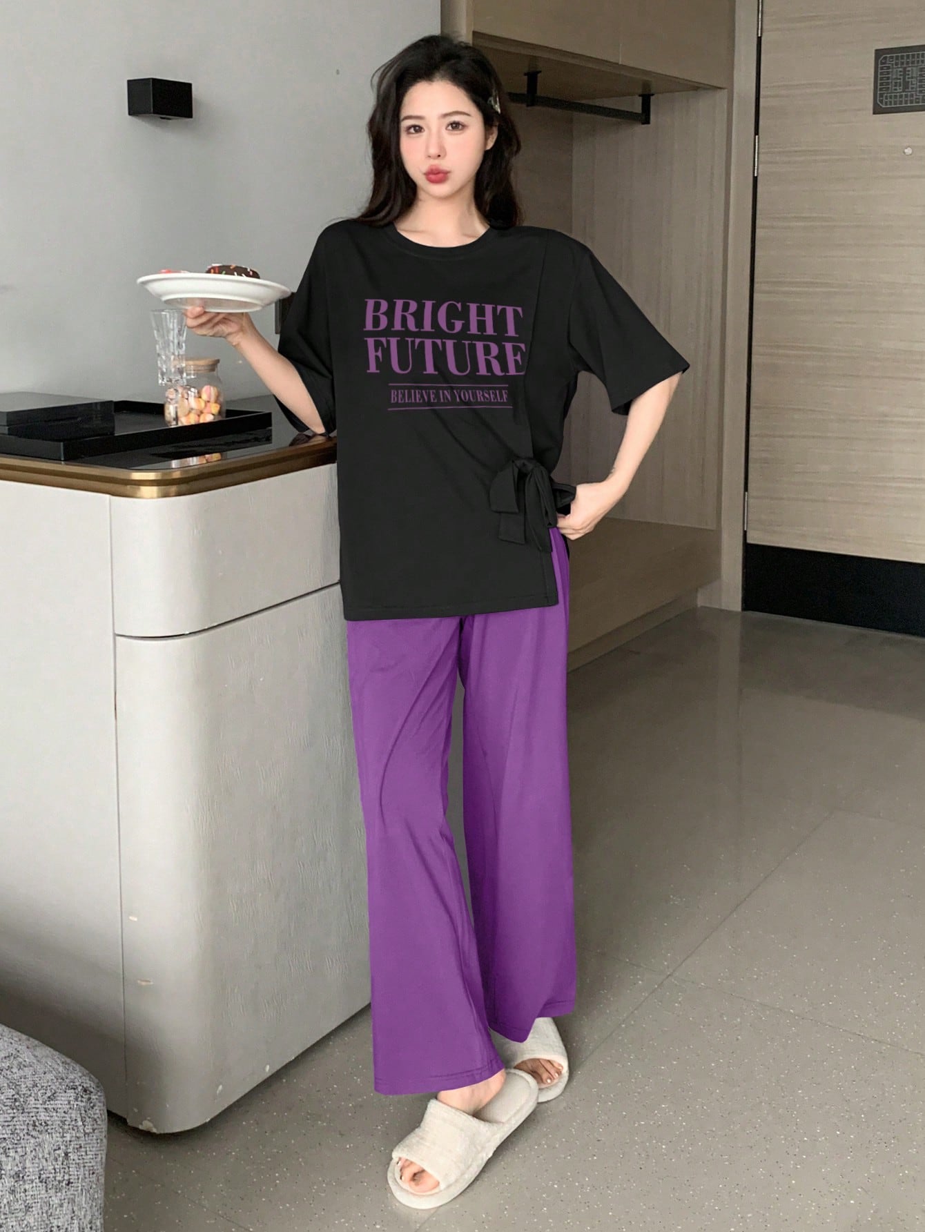 Casual Letter Printed Short Sleeve And Long Pant Home Wear Set