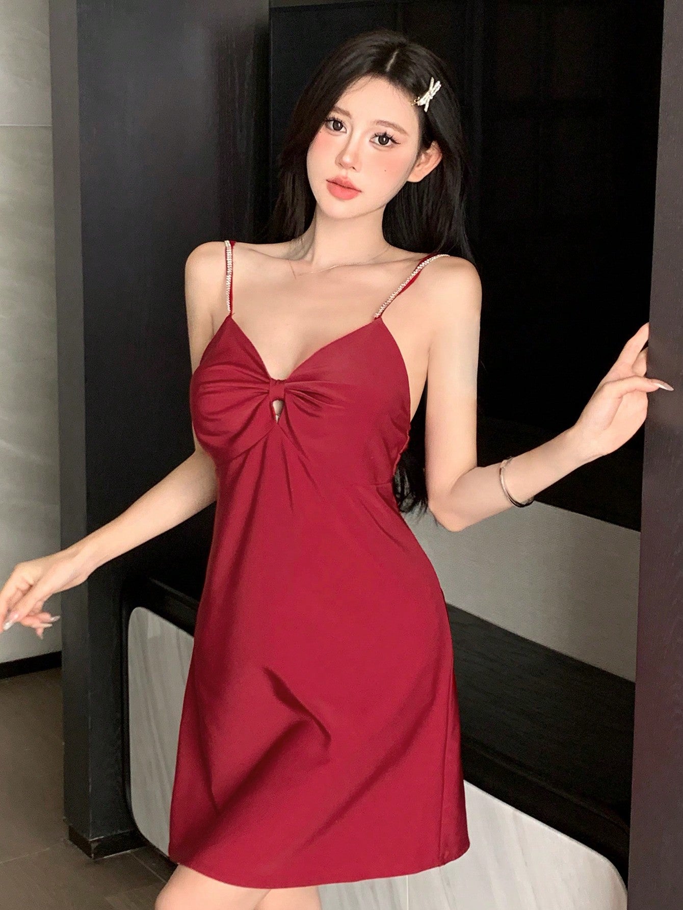Women Solid Color Satin Slip Dress With Bowknot Decoration