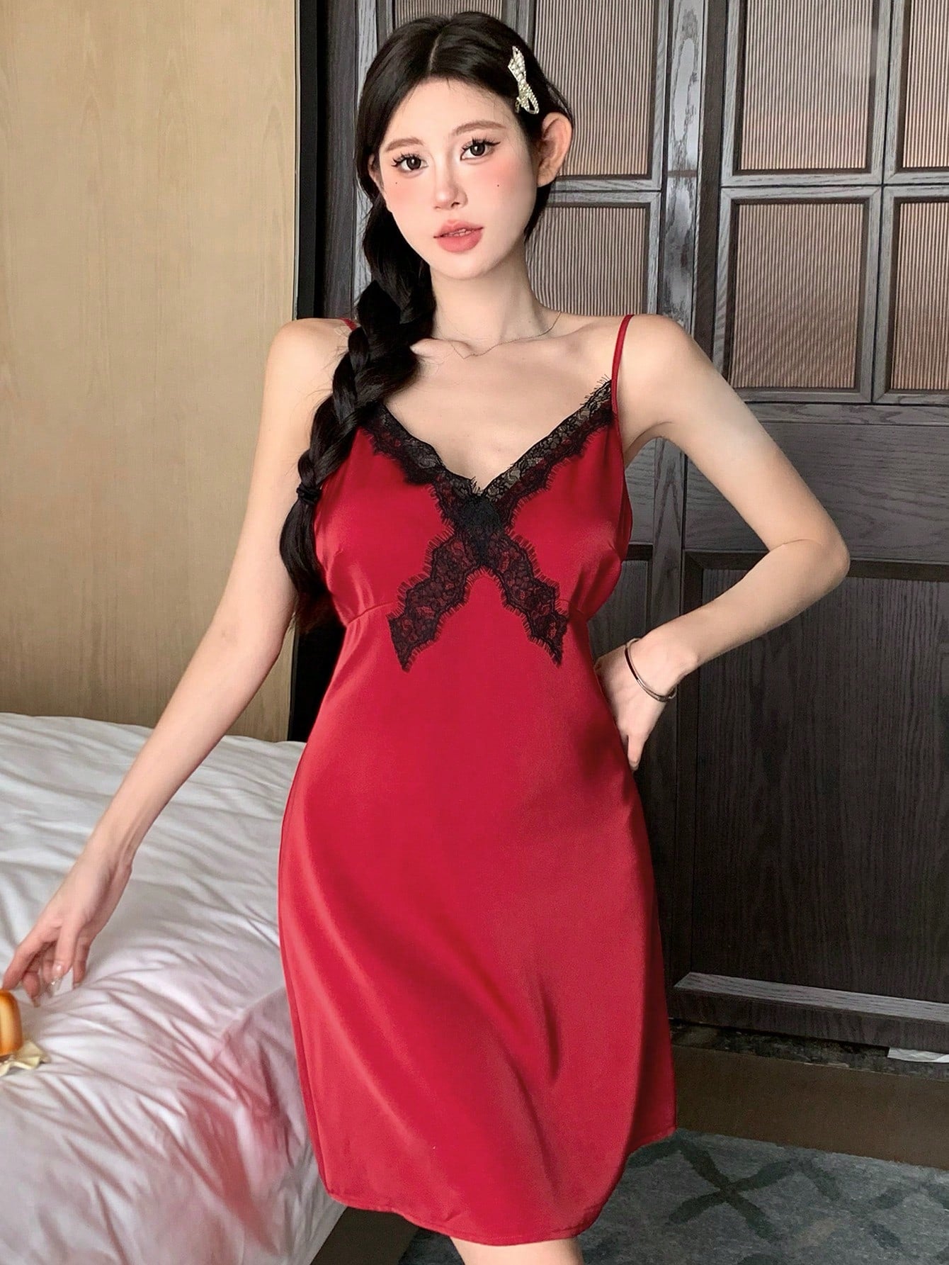 Silk Contrast Color Lace Cami Nightdress For Summer