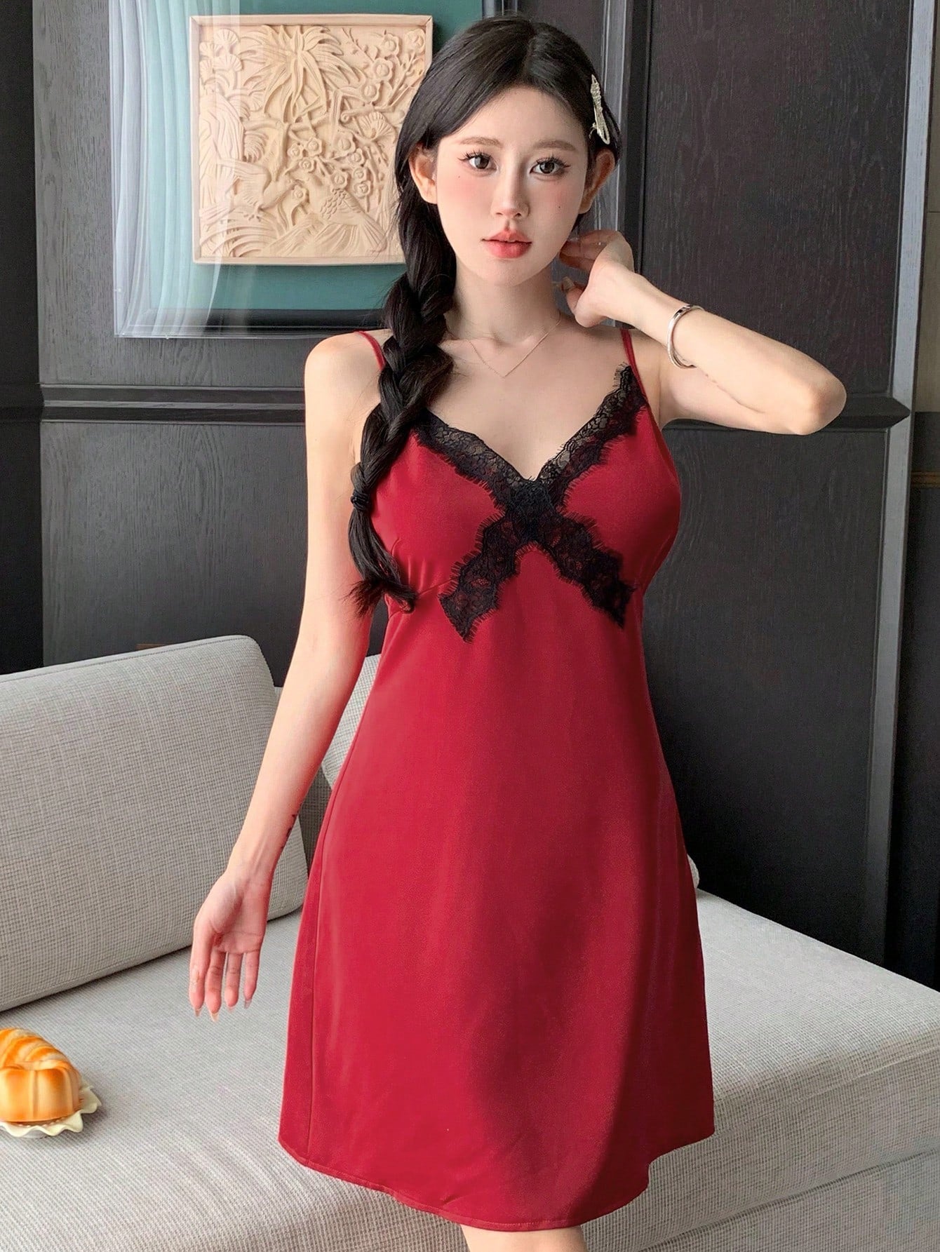 Silk Contrast Color Lace Cami Nightdress For Summer