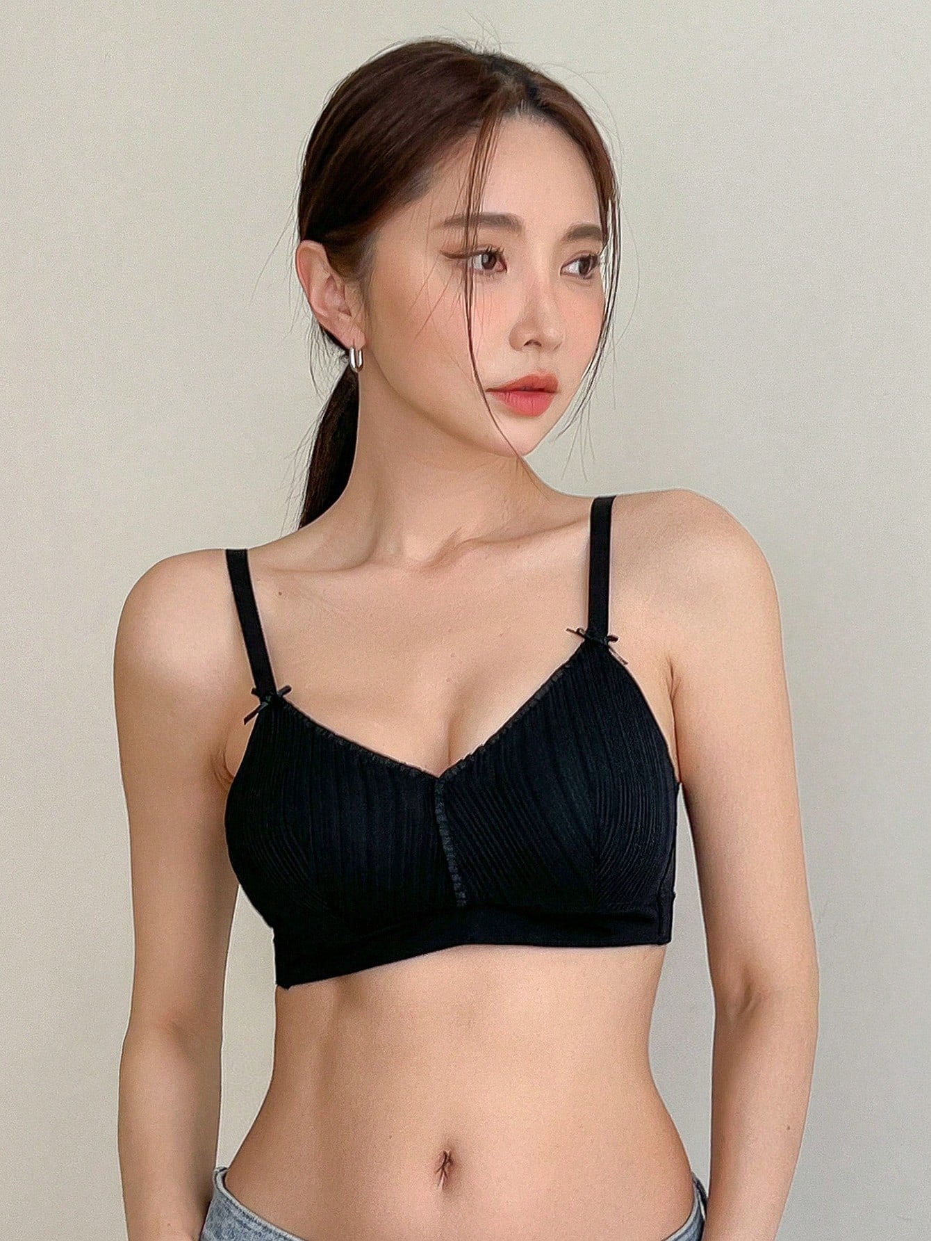 Simple Striped Texture Bowknot Decoration Bra Without Underwire