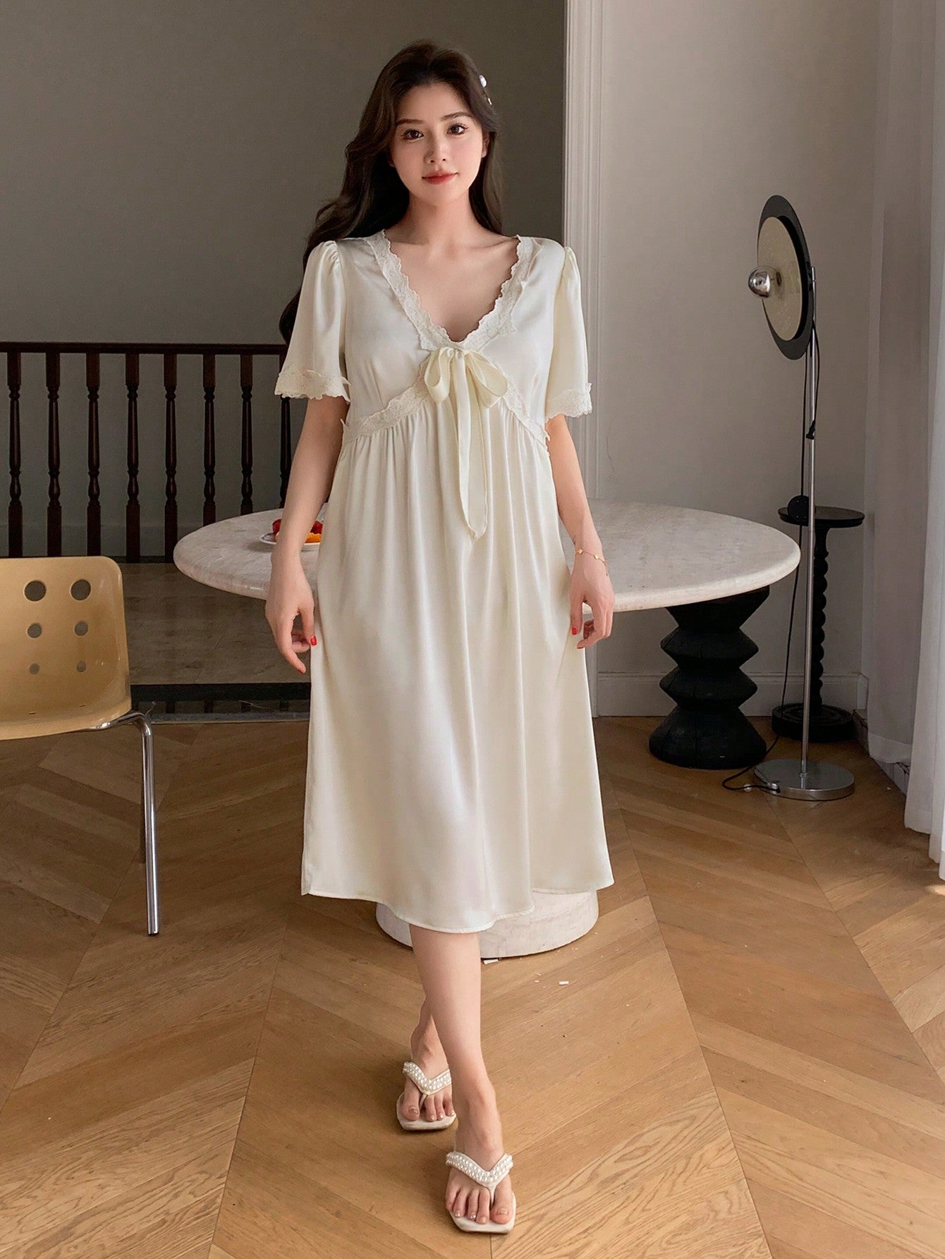 Women Satin Embroidered Lace Trimmed Bowknot Puff Sleeve V-Neck Nightgown