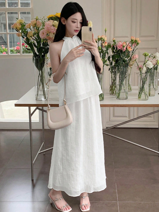 Women's Elegant Stand Collar Button-Up Top And Long Skirt Set With Halter, Summer