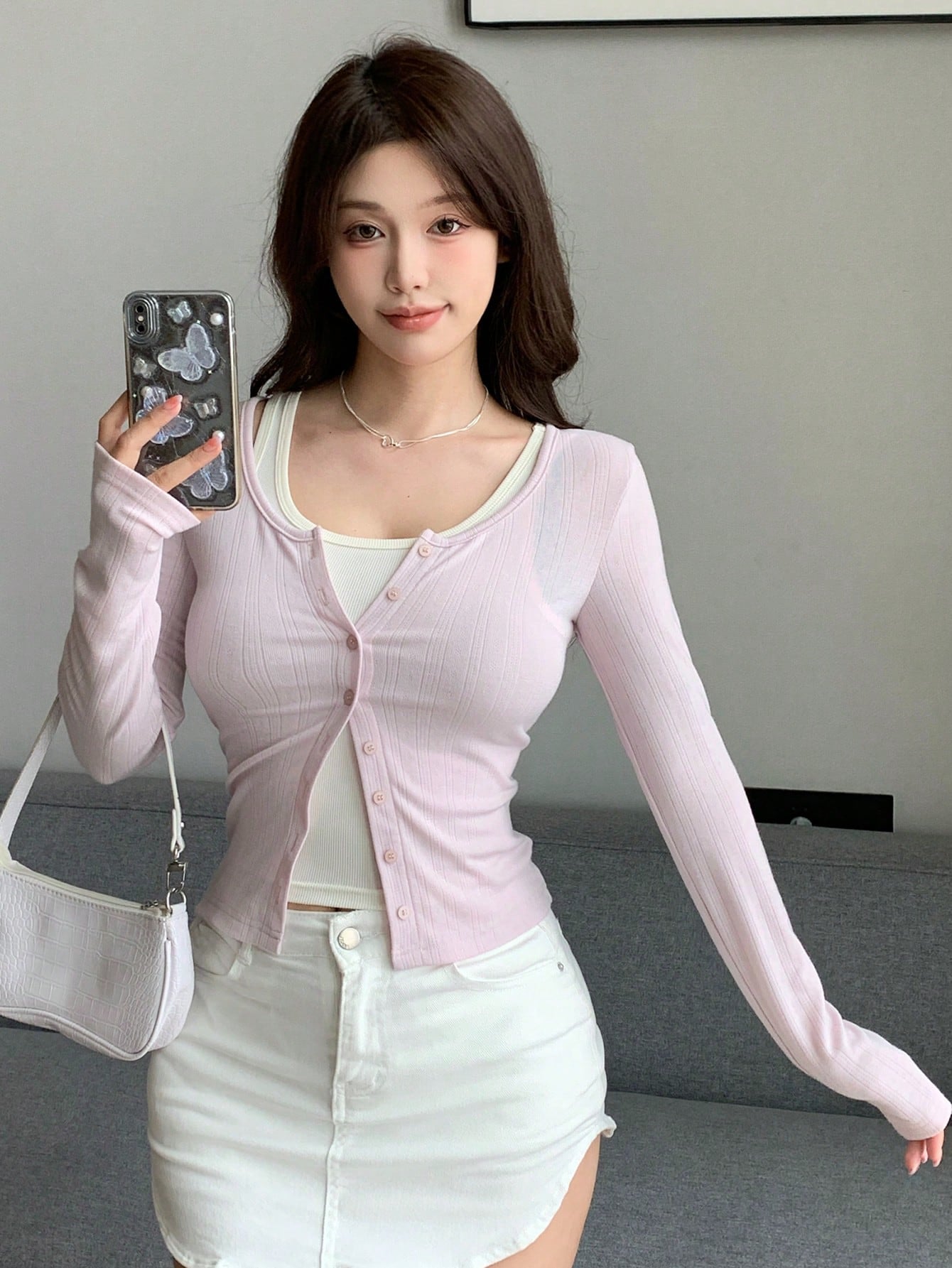 Women SpringSummer Slim Fit Long-Sleeve Single Breasted T-Shirt