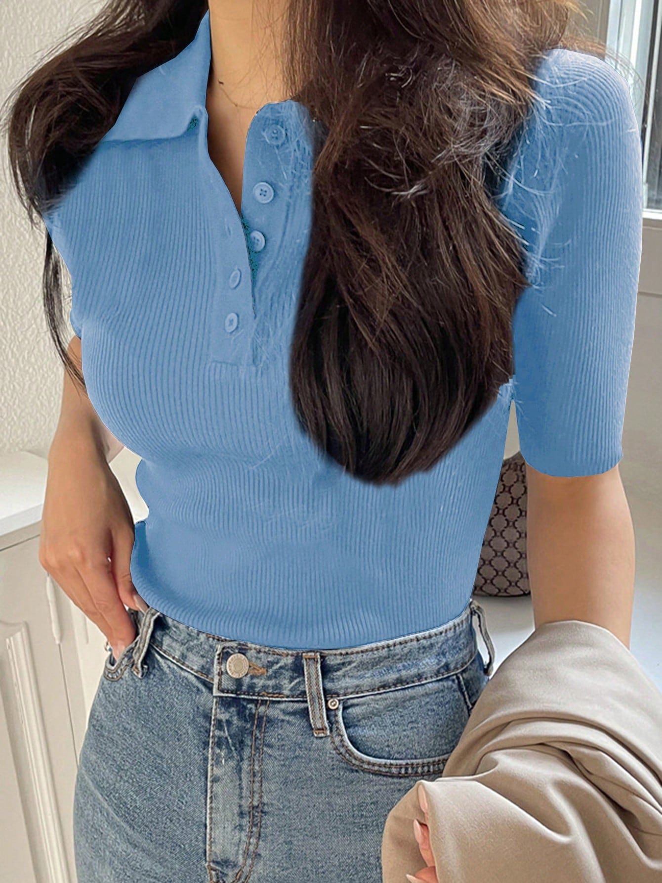 Women Half-Buttoned Polo Collar Knitted Top With Short Sleeves