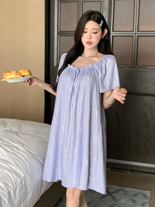 Striped Print Square Neck Loose Nightgown With Ruffle Trim
