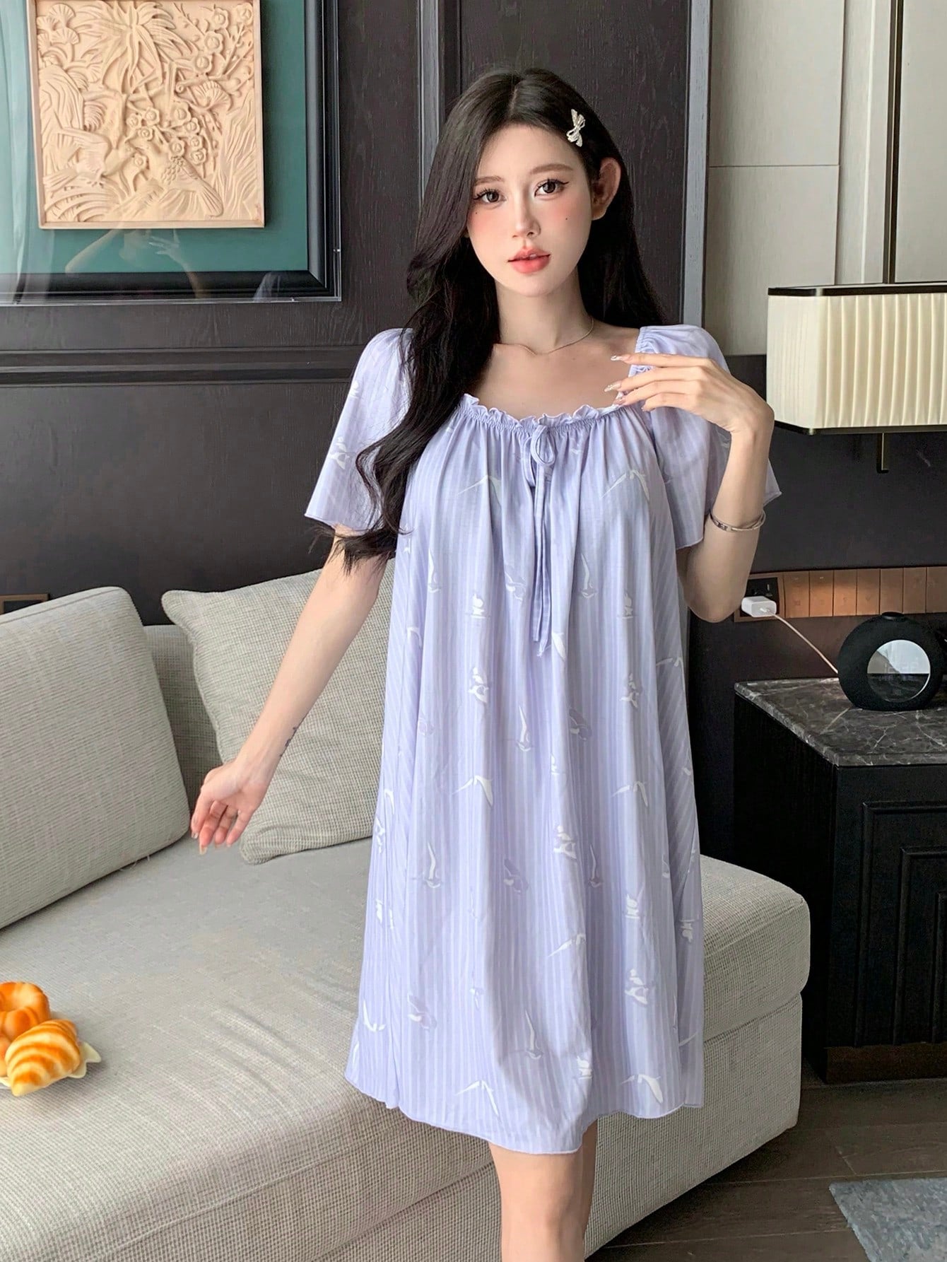 Striped Print Square Neck Loose Nightgown With Ruffle Trim