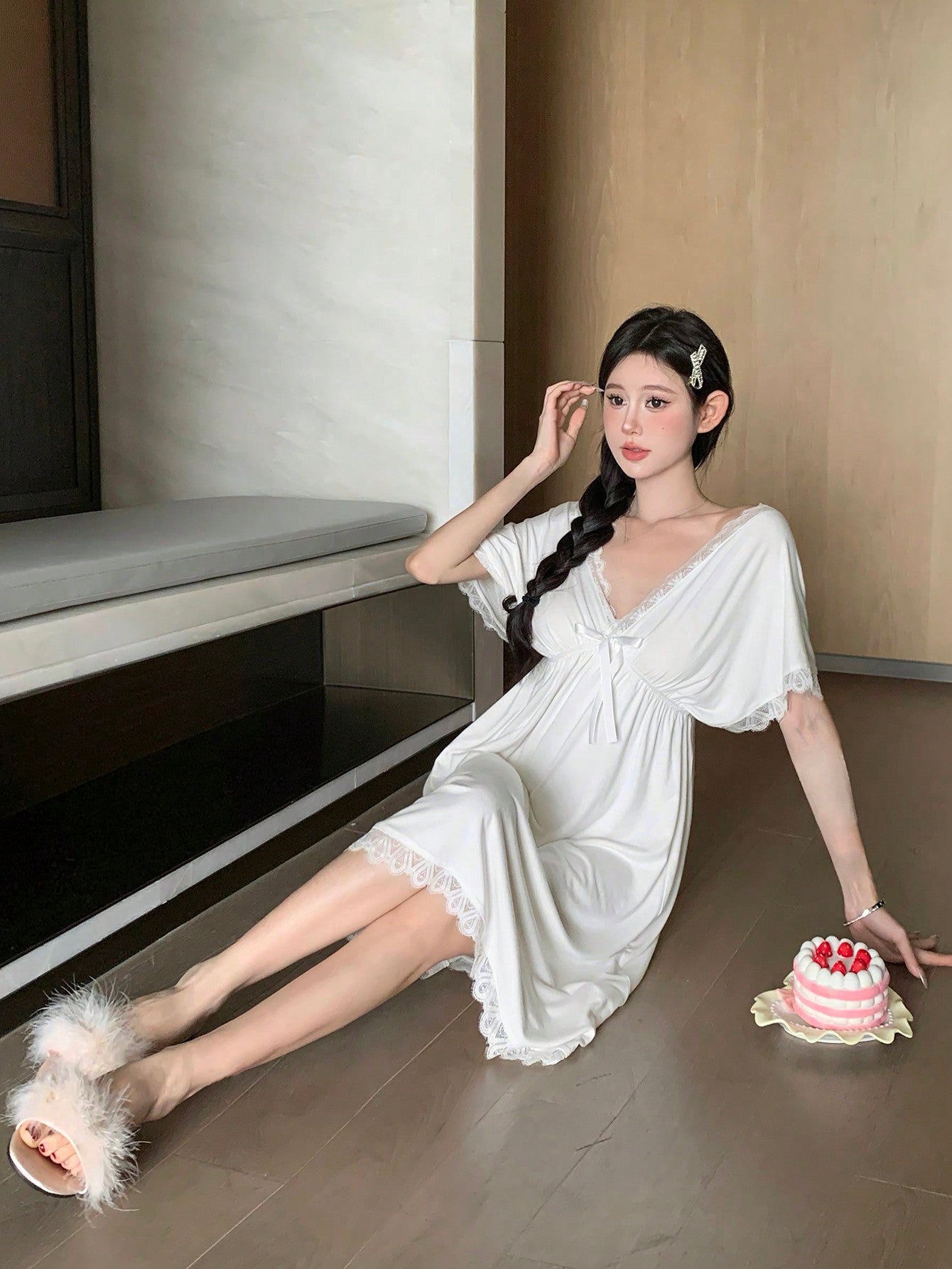 Simple Lace Splice Bowknot Decorated Waist Cinched Sleep Dress