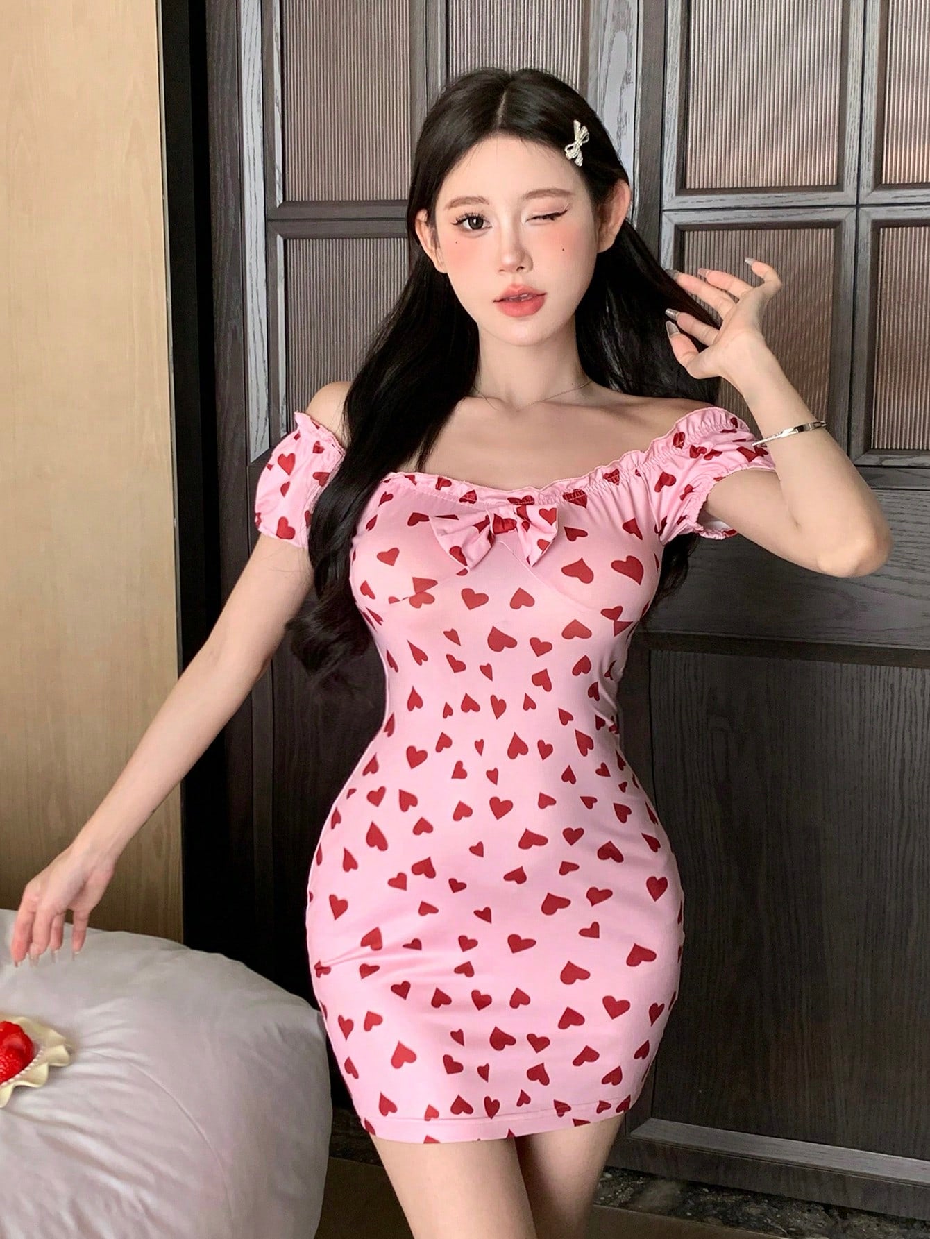 Summer Heart Allover Print Off Shoulder Slim Fit Nightgown With Ruffle Hem And Bow Decoration