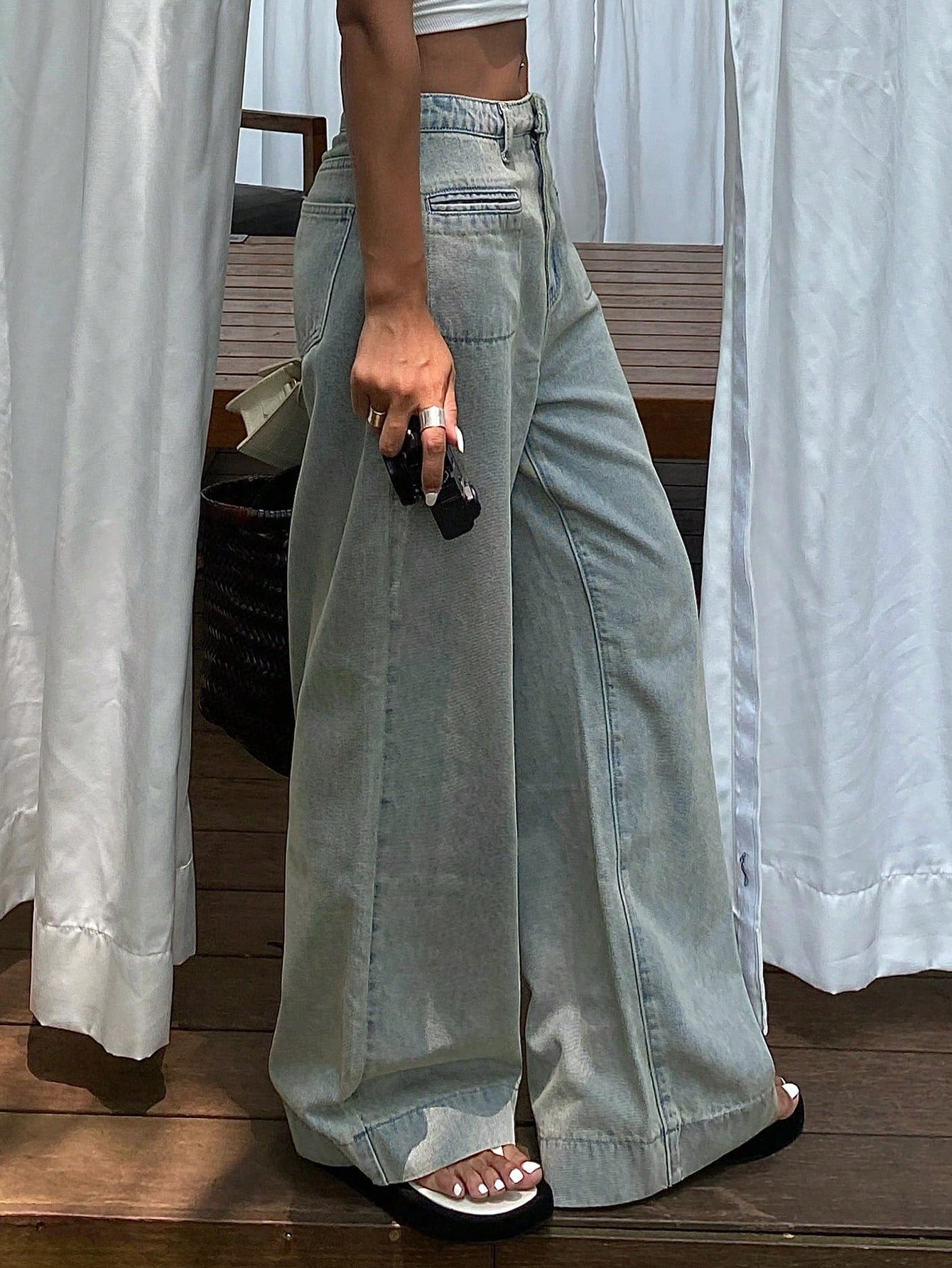 Women Wide Leg Loose Denim Pants With Double Pockets For Daily Casual Wear