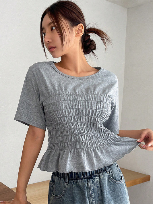 Women Summer Solid Color Round Neck Short-Sleeved Casual T-Shirt With Ruffled Hem