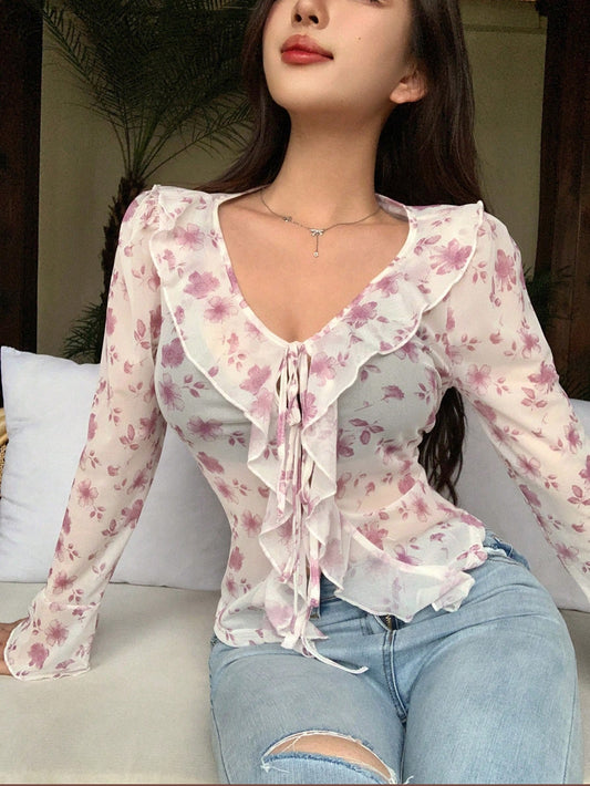 Women's Ruffle Trim Tie Front Daily Wear Floral Top For Spring/Summer