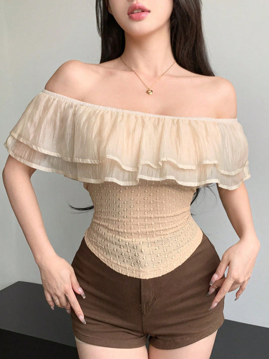 Slim Fit Women Asymmetric Ruffle Hem Off Shoulder T-Shirt Patchwork Fabric