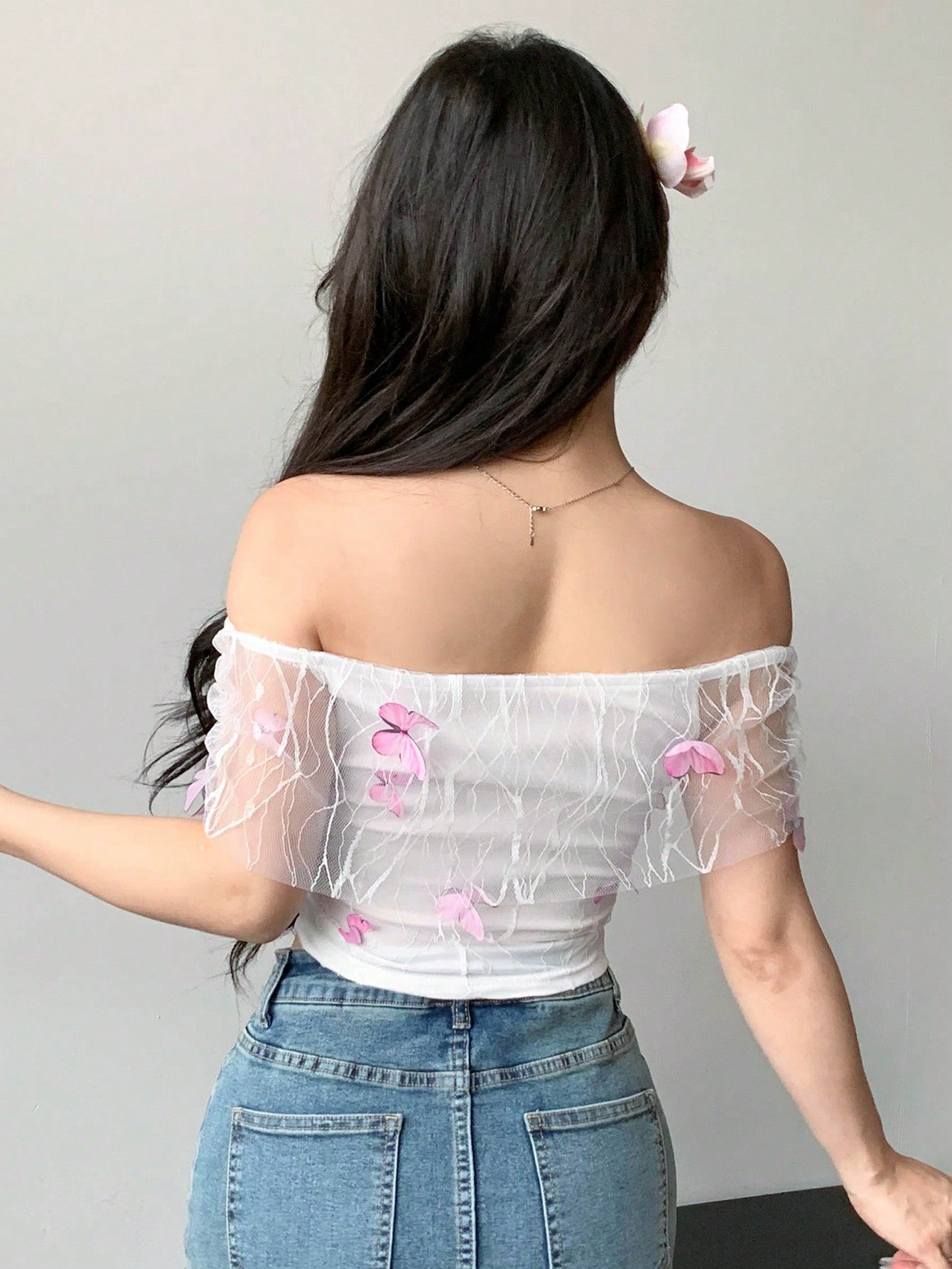 Butterfly Pattern Mesh Top With One-Shoulder Neckline For Women